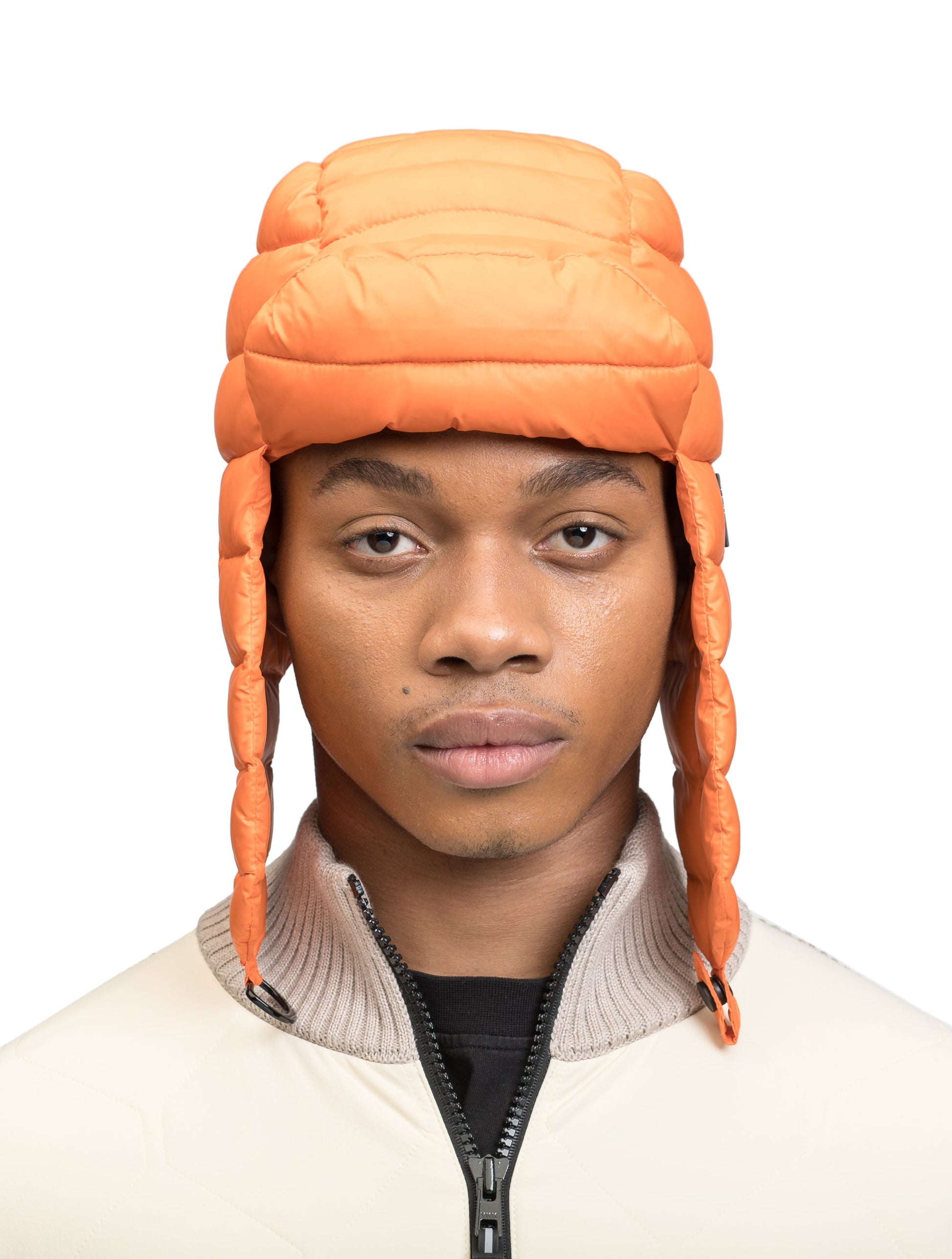 Unisex down-filled quilted fargo hat with adjustable chin strap in Atomic