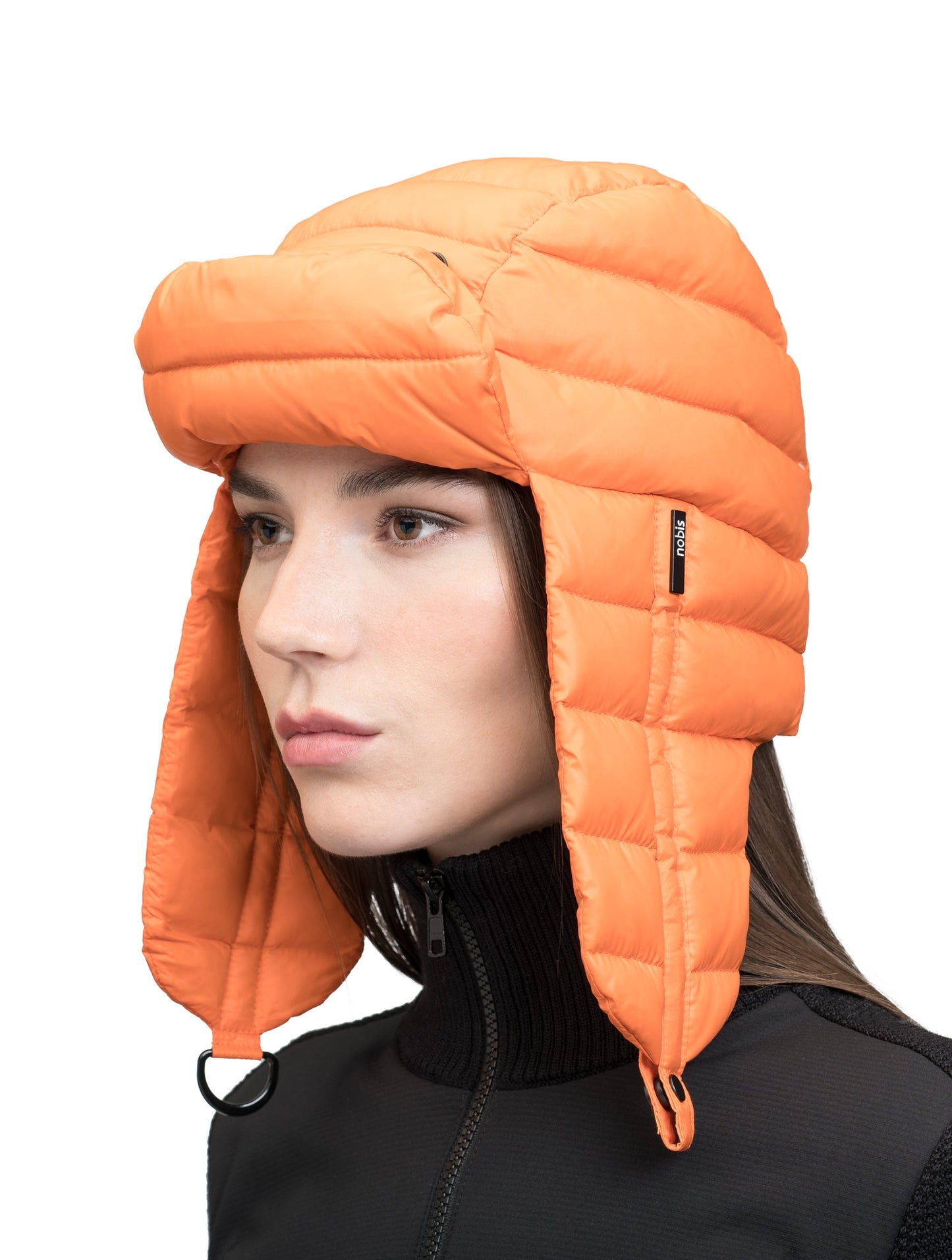 Unisex down-filled quilted fargo hat with adjustable chin strap in Atomic