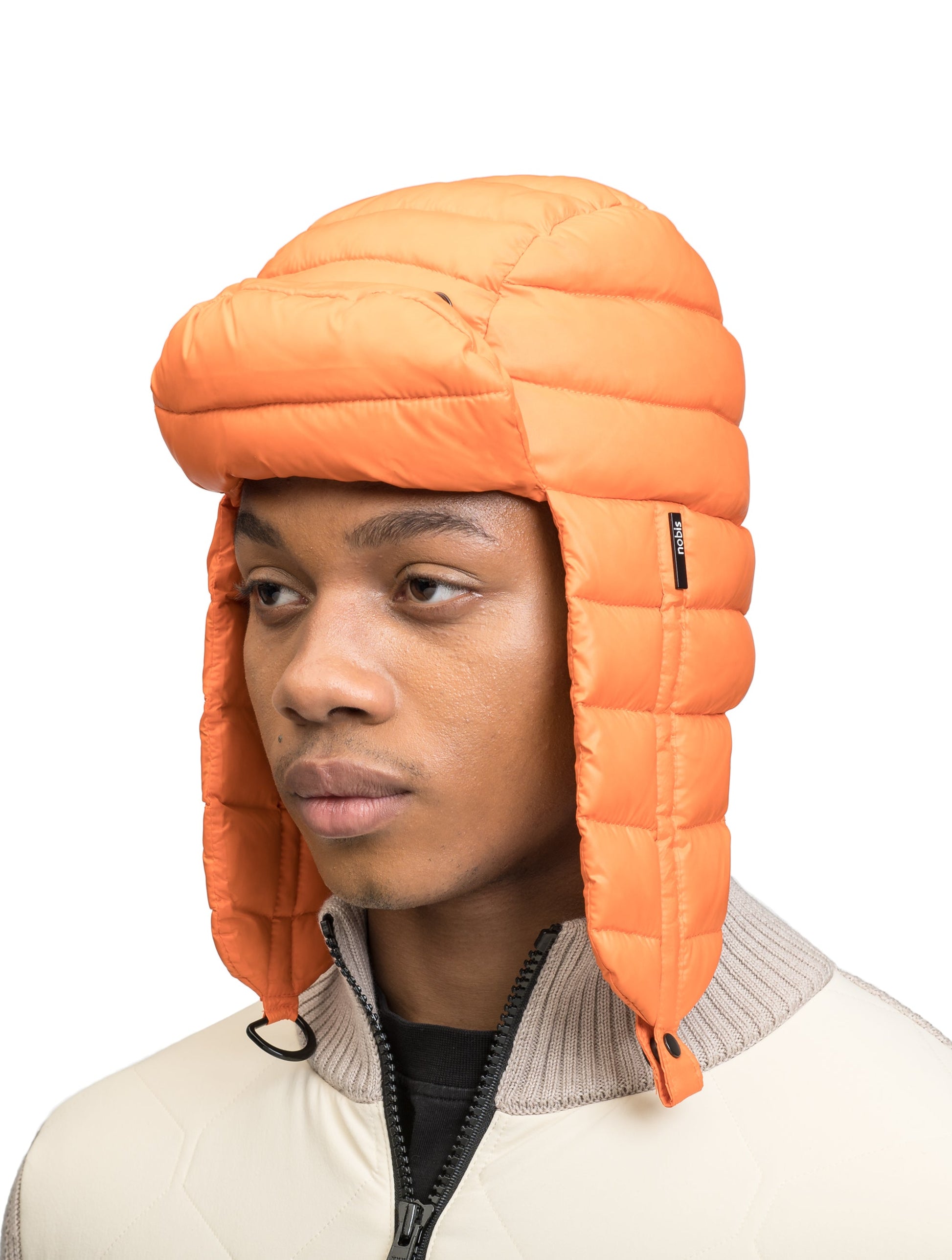 Unisex down-filled quilted fargo hat with adjustable chin strap in Atomic