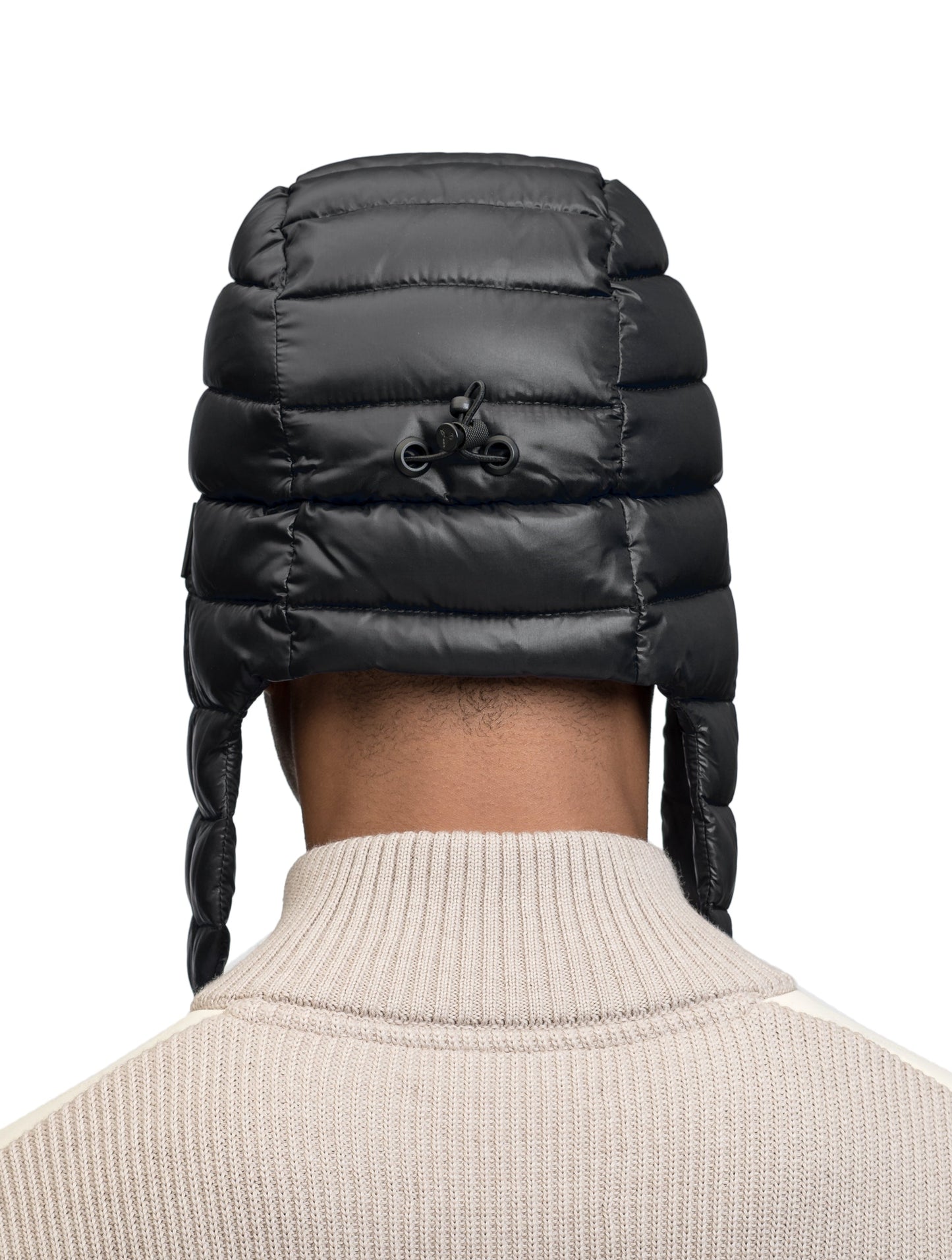 Unisex down-filled quilted fargo hat with adjustable chin strap in Black