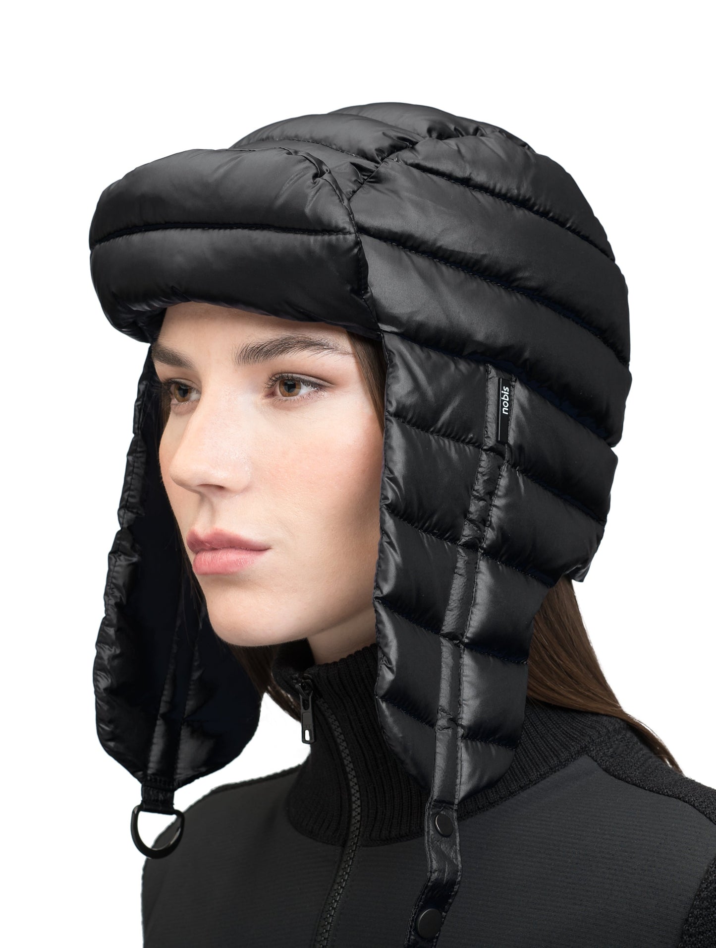 Unisex down-filled quilted fargo hat with adjustable chin strap in Black