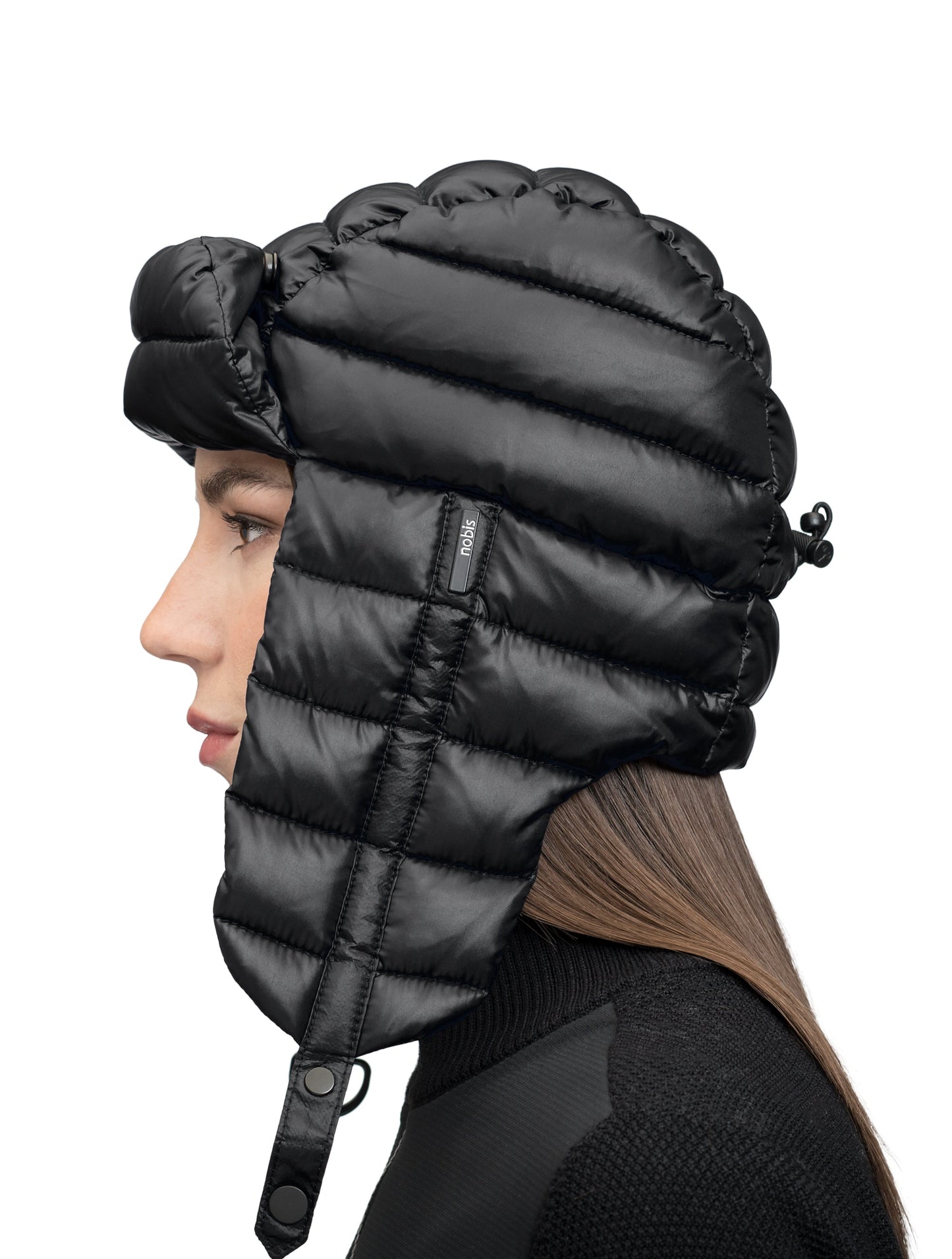 Unisex down-filled quilted fargo hat with adjustable chin strap in Black