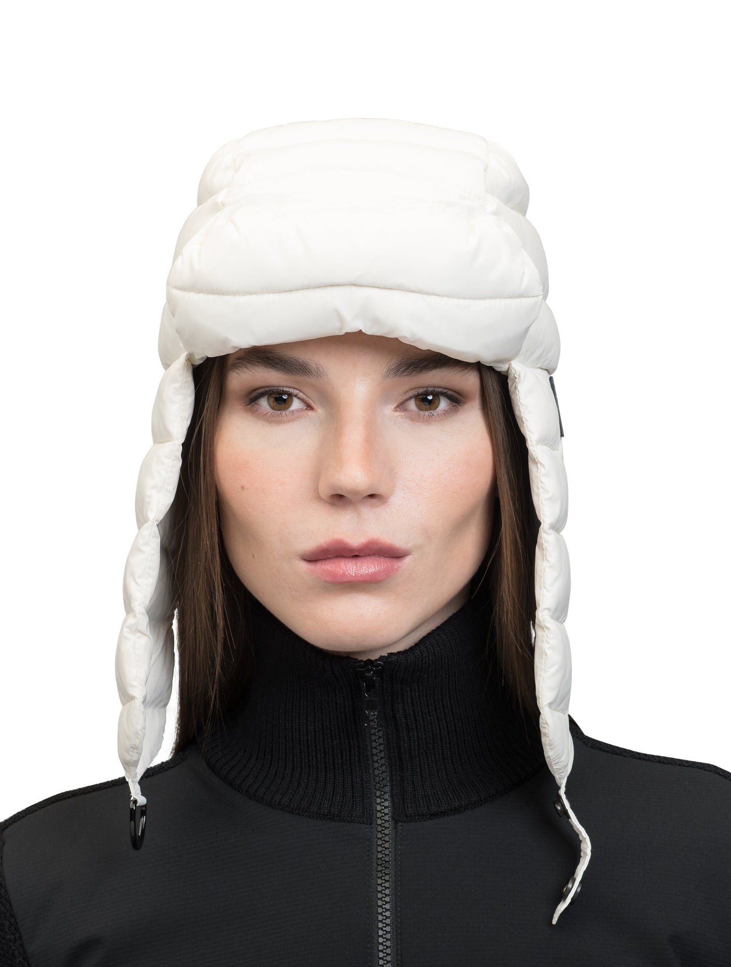 Unisex down-filled quilted fargo hat with adjustable chin strap in Chalk