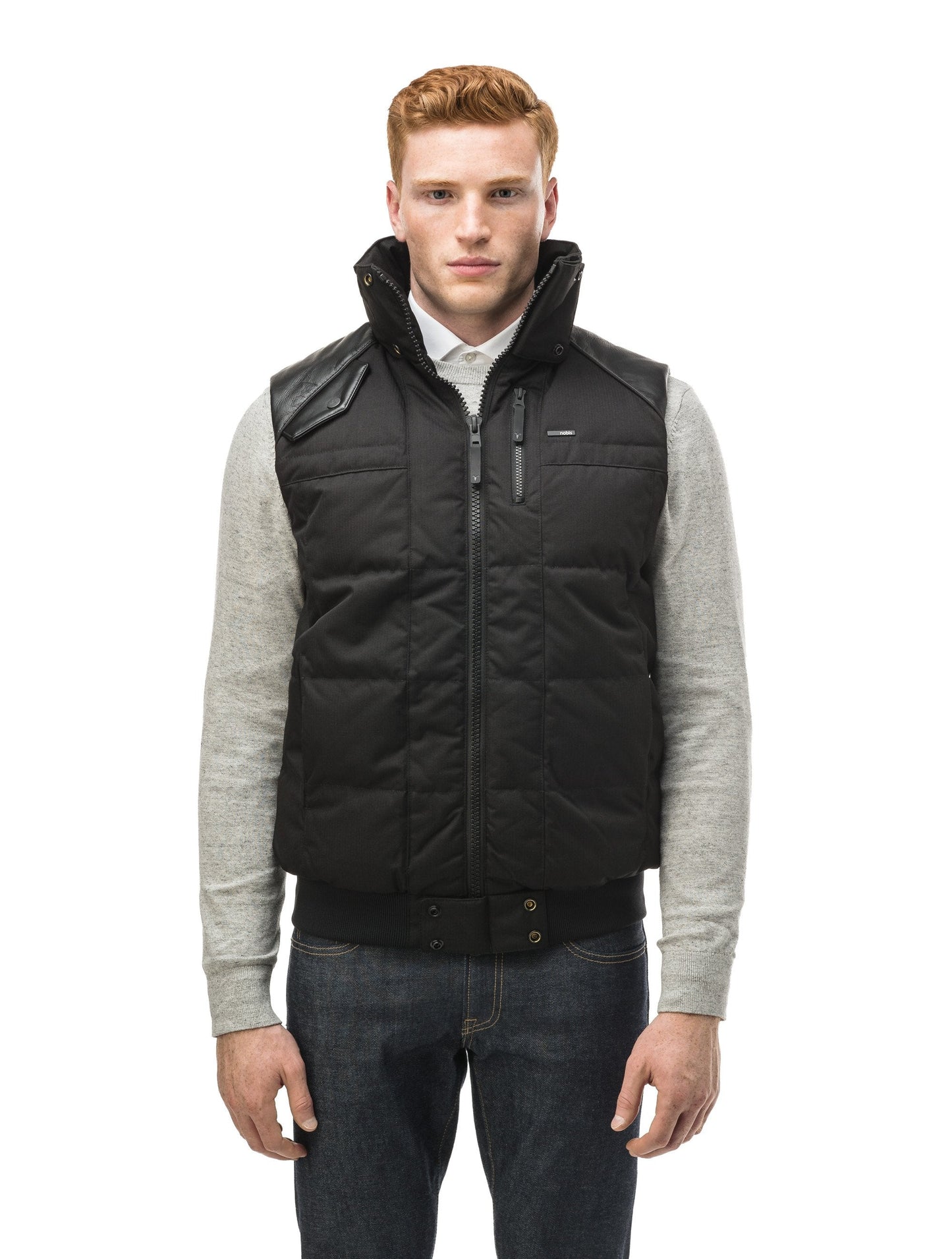 Men's down filled vest with Washable Japanese DWR leather acccent in CH Black