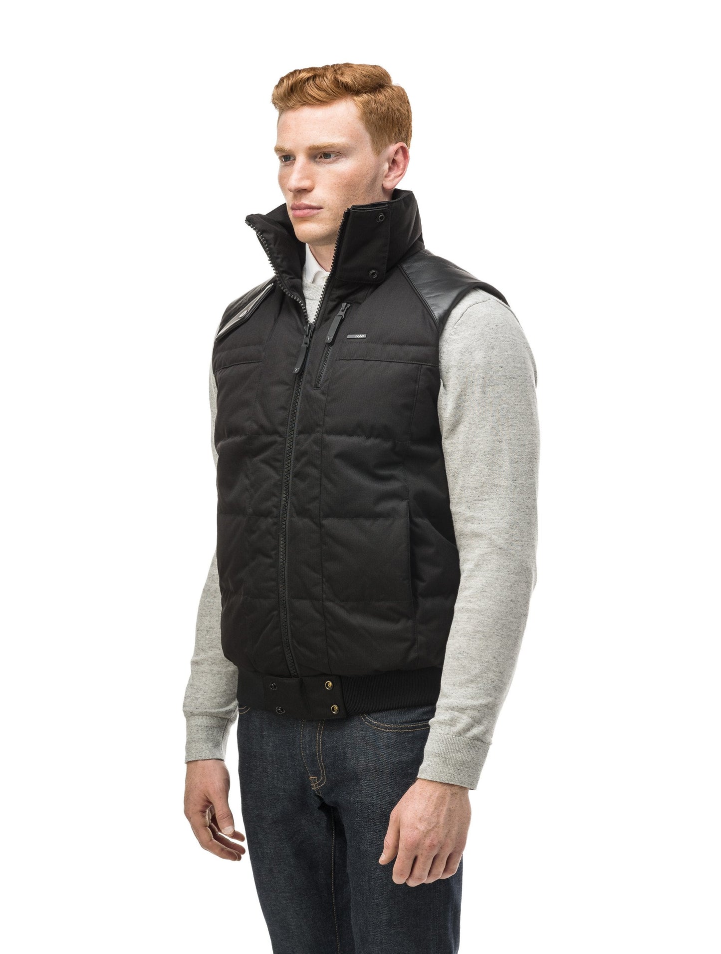 Men's down filled vest with Washable Japanese DWR leather acccent in CH Black