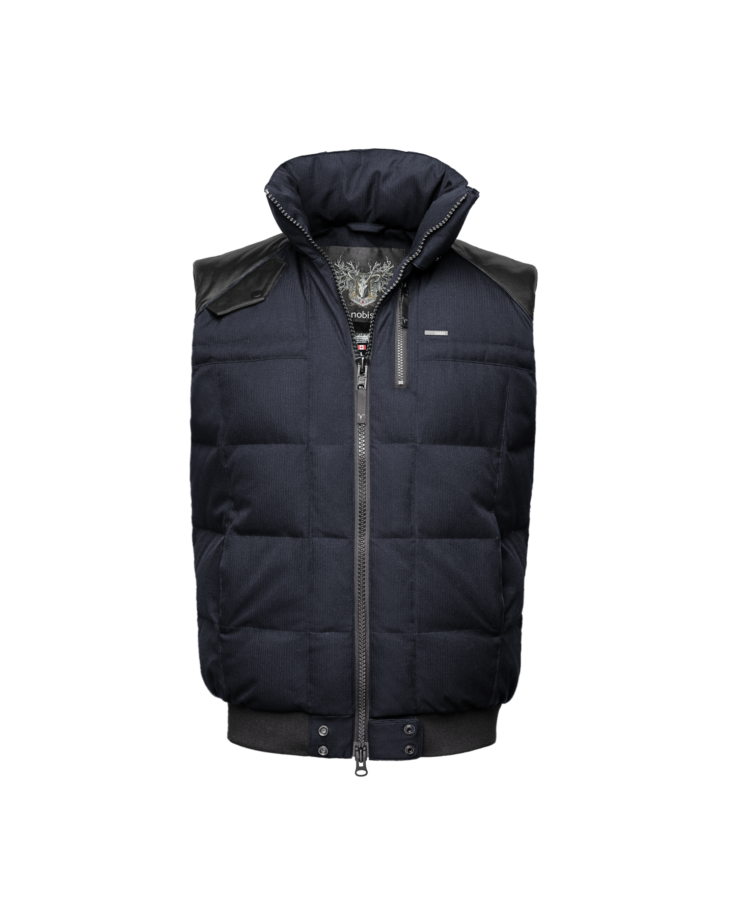 Men's down filled vest with Washable Japanese DWR leather acccent in CH Navy