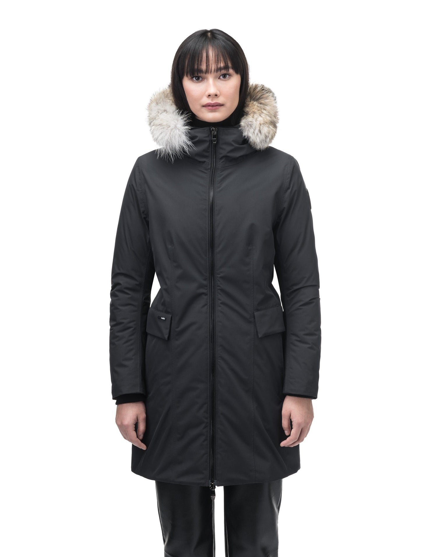 Romeda Ladies Mid Thigh Parka in thigh length, Canadian duck down insulation, non-removable hood with removable fur ruff trim, and two-way front zipper, in Black