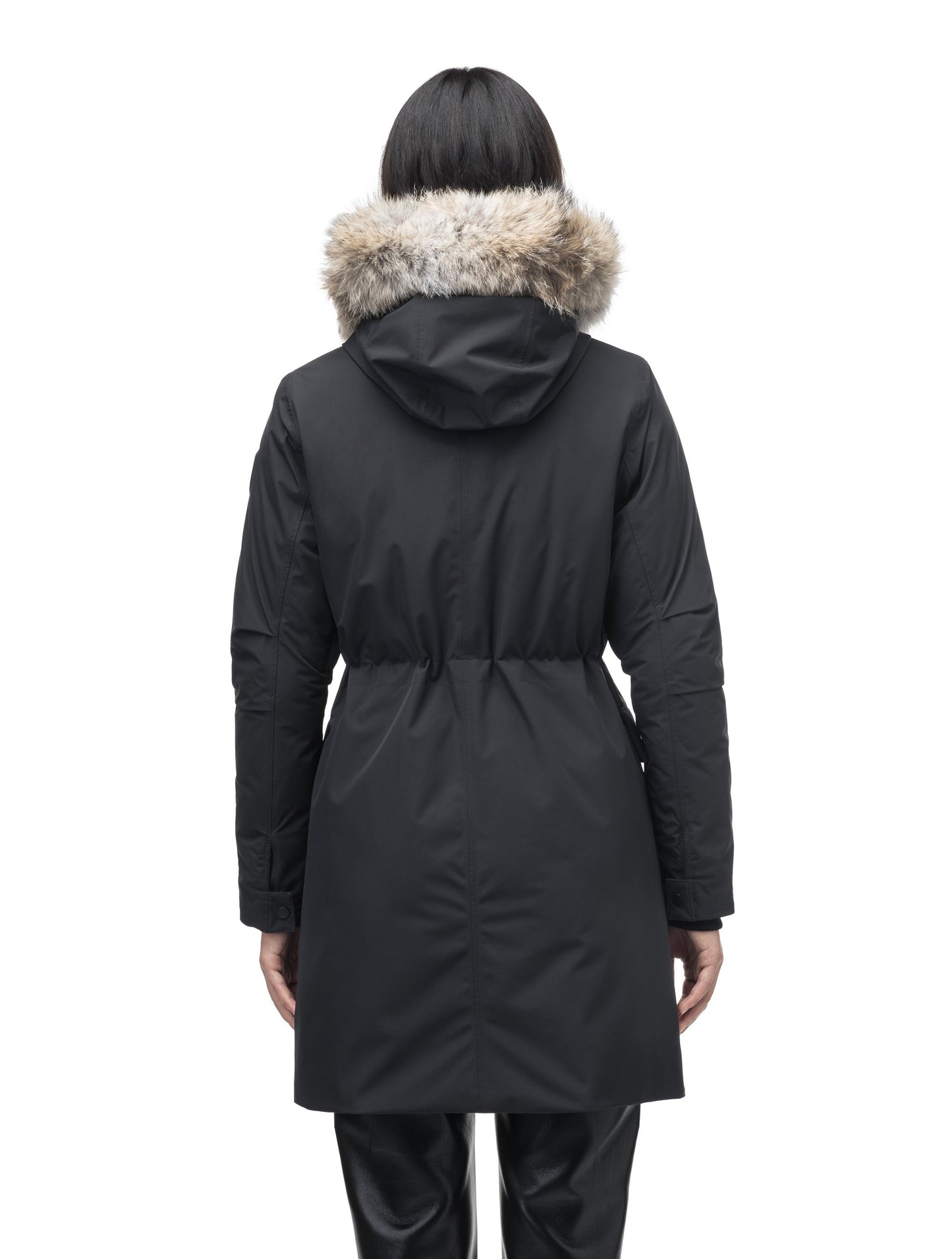 Romeda Ladies Mid Thigh Parka in thigh length, Canadian duck down insulation, non-removable hood with removable fur ruff trim, and two-way front zipper, in Black