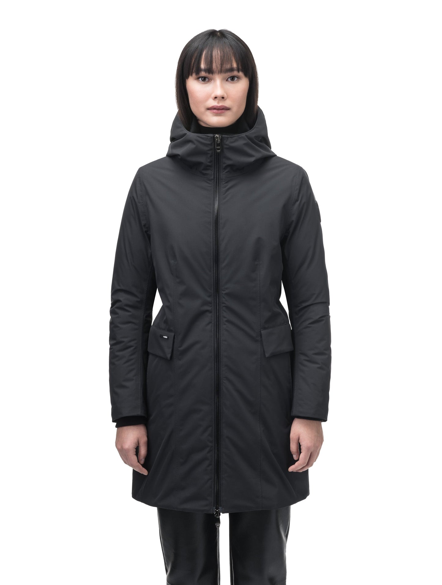 Romeda Ladies Mid Thigh Parka in thigh length, Canadian duck down insulation, non-removable hood with removable fur ruff trim, and two-way front zipper, in Black