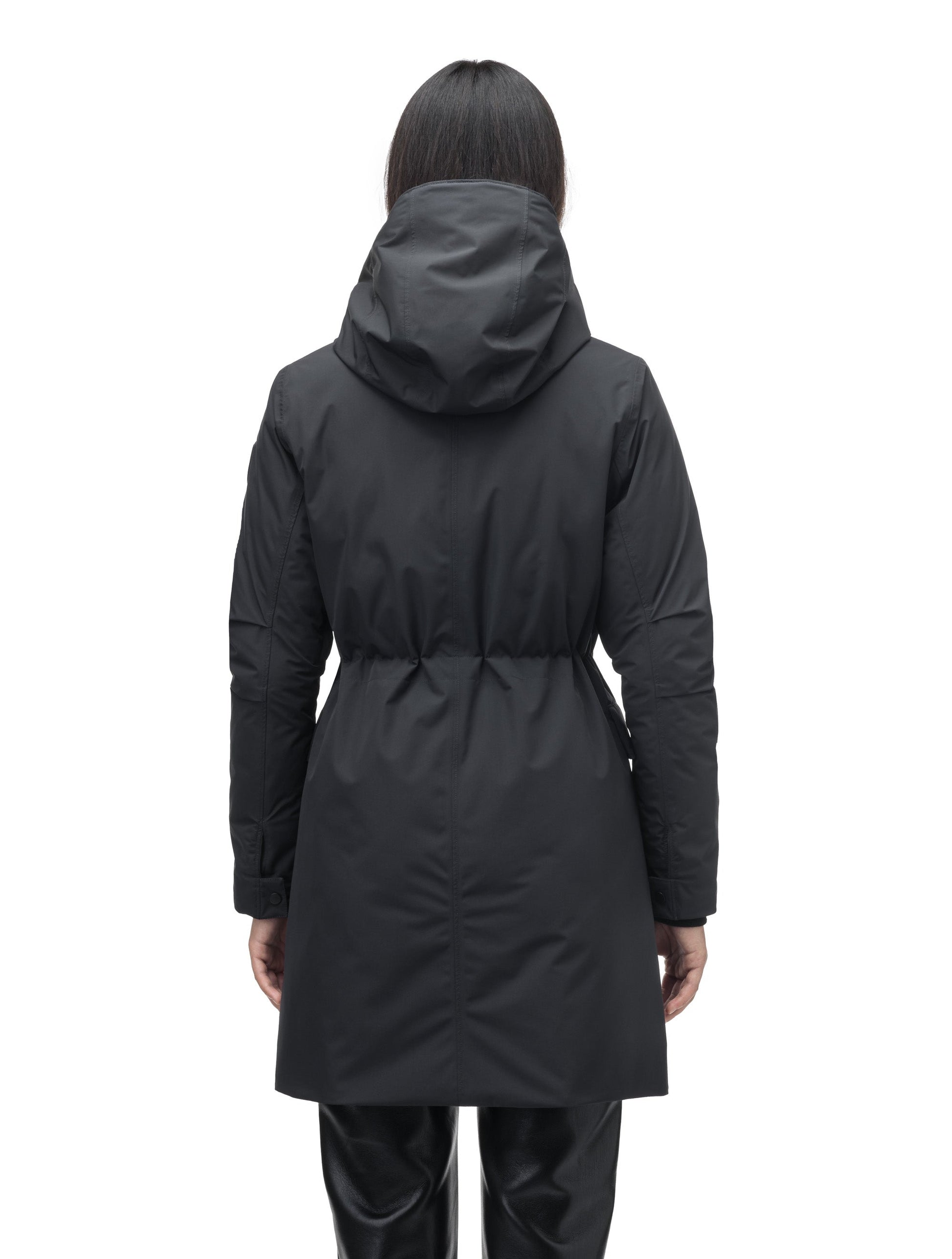 Romeda Ladies Mid Thigh Parka in thigh length, Canadian duck down insulation, non-removable hood with removable fur ruff trim, and two-way front zipper, in Black