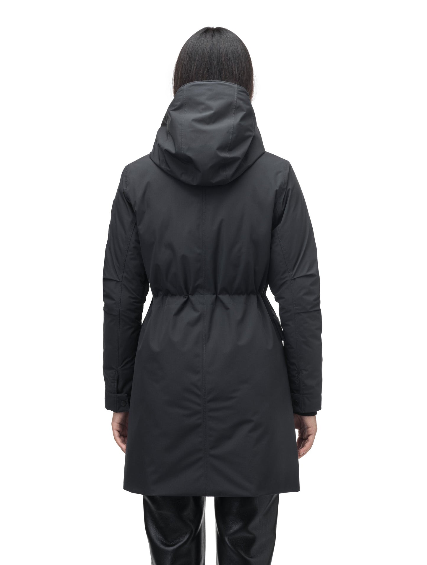 Romeda Furless Ladies Mid Thigh Parka in thigh length, Canadian duck down insulation, non-removable hood, and two-way front zipper, in Black