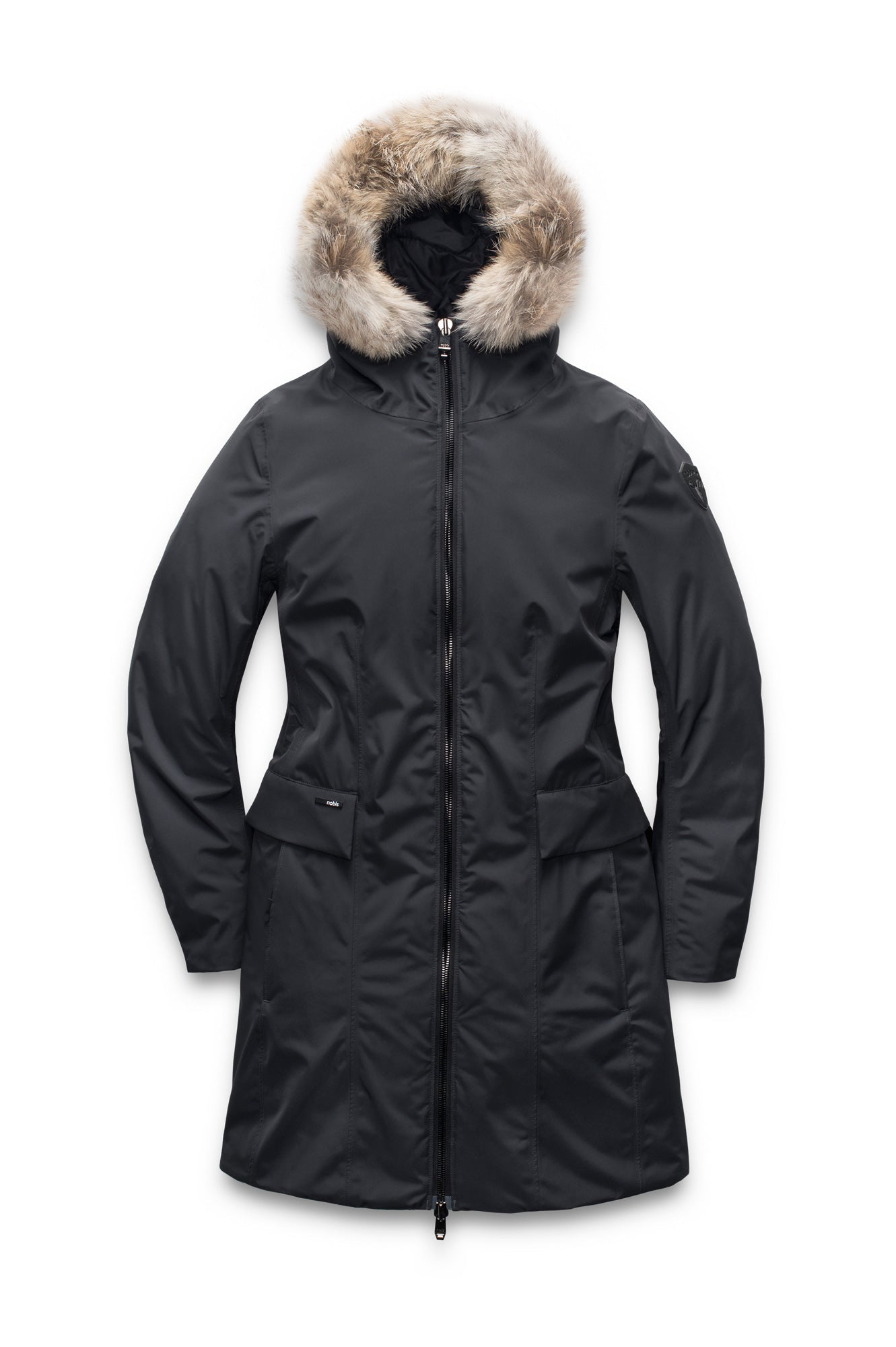 Romeda Ladies Mid Thigh Parka in thigh length, Canadian duck down insulation, non-removable hood with removable fur ruff trim, and two-way front zipper, in Black