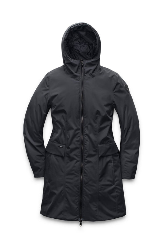 Romeda Furless Ladies Mid Thigh Parka in thigh length, Canadian duck down insulation, non-removable hood, and two-way front zipper, in Black + Black