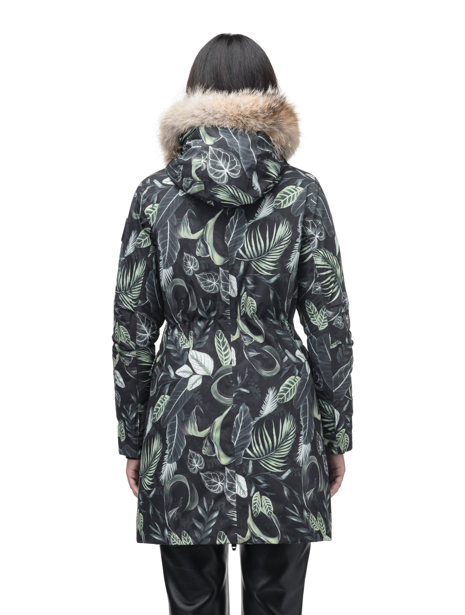 Romeda Ladies Mid Thigh Parka in thigh length, Canadian duck down insulation, non-removable hood with removable fur ruff trim, and two-way front zipper, in Foliage