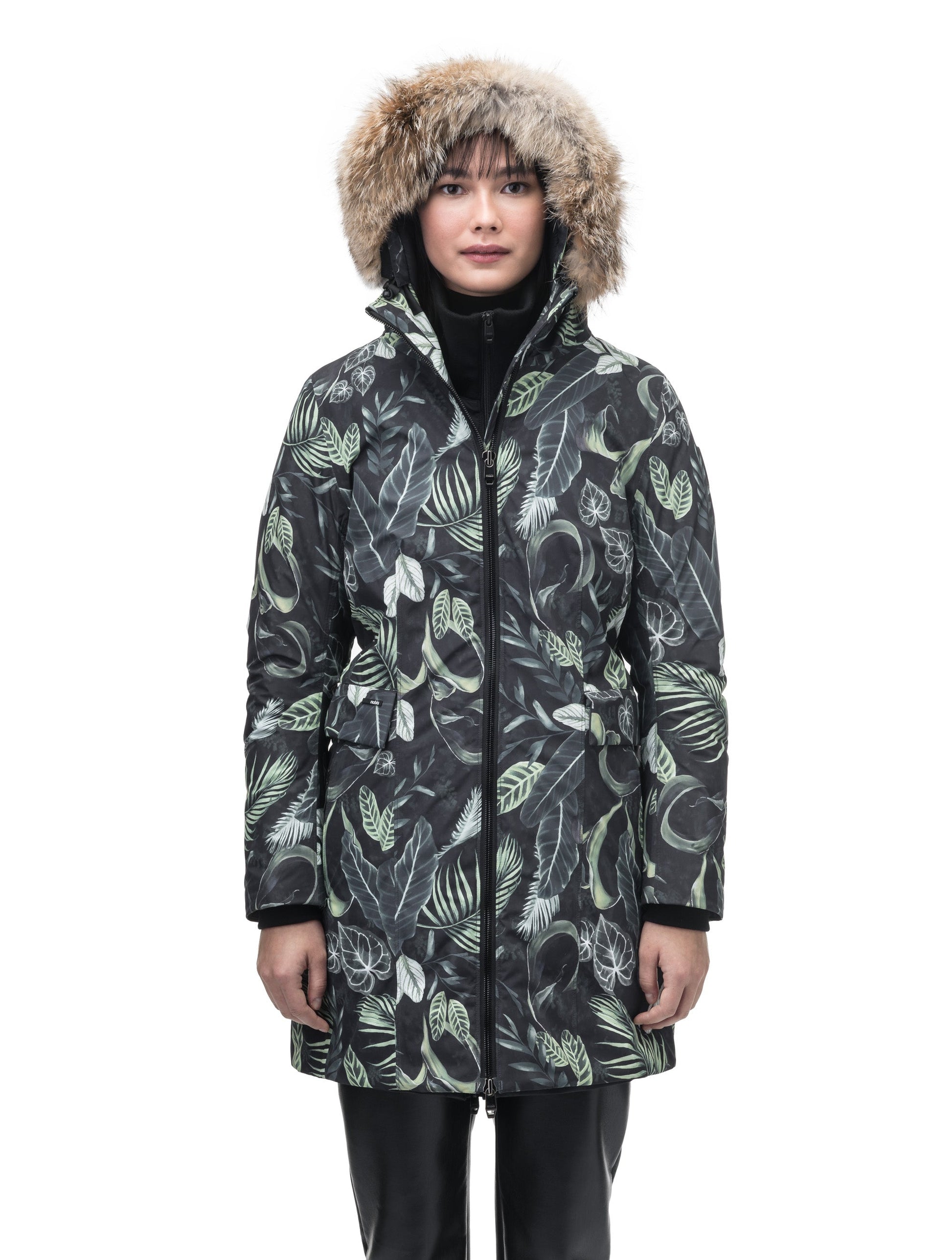 Romeda Ladies Mid Thigh Parka in thigh length, Canadian duck down insulation, non-removable hood with removable fur ruff trim, and two-way front zipper, in Foliage