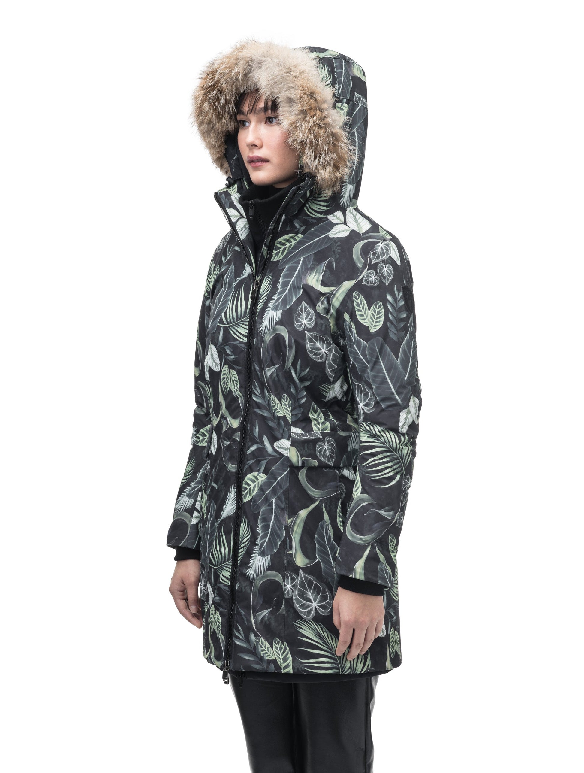 Romeda Ladies Mid Thigh Parka in thigh length, Canadian duck down insulation, non-removable hood with removable fur ruff trim, and two-way front zipper, in Foliage