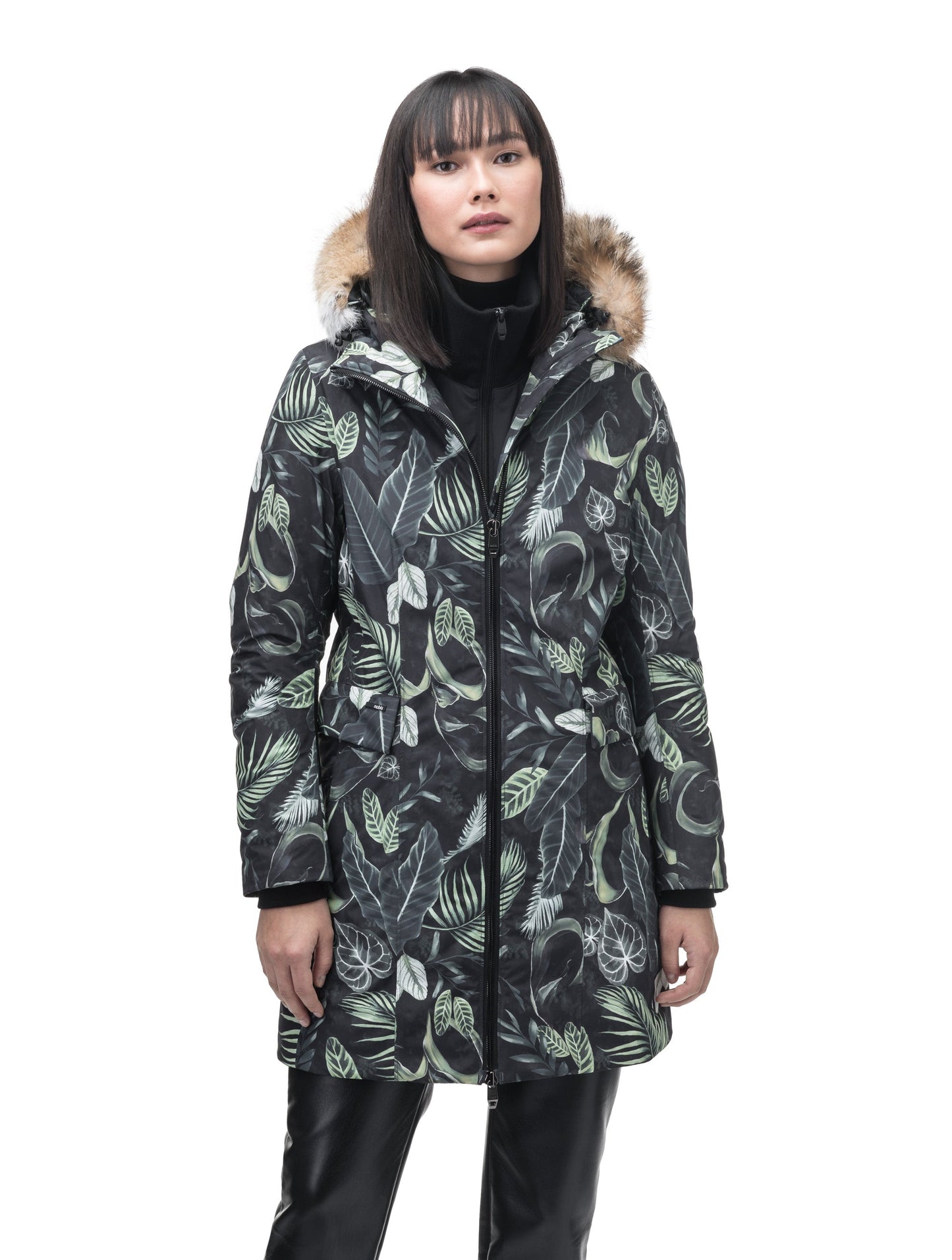 Romeda Ladies Mid Thigh Parka in thigh length, Canadian duck down insulation, non-removable hood with removable fur ruff trim, and two-way front zipper, in Foliage