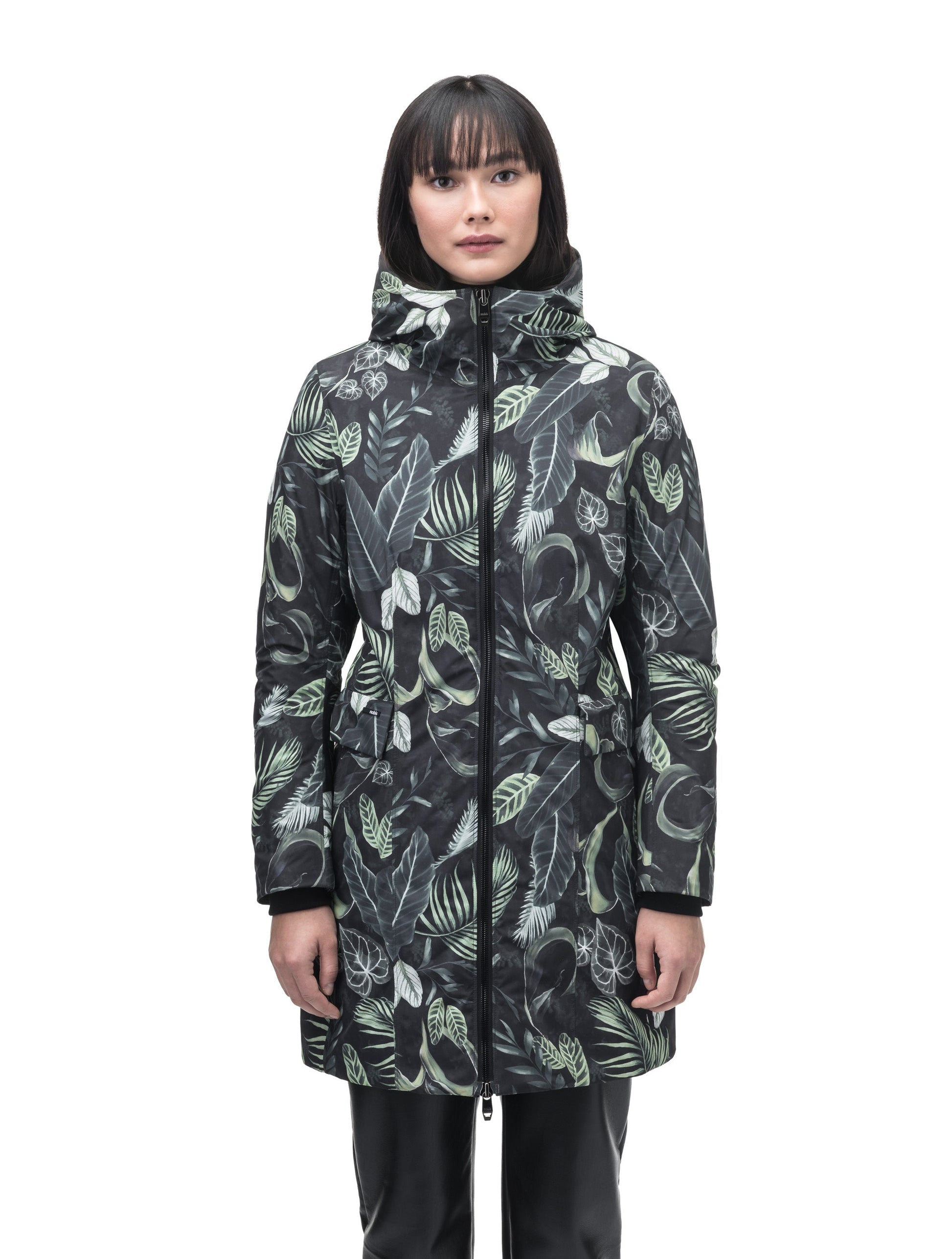 Romeda Furless Ladies Mid Thigh Parka in thigh length, Canadian duck down insulation, non-removable hood, and two-way front zipper, in Foliage