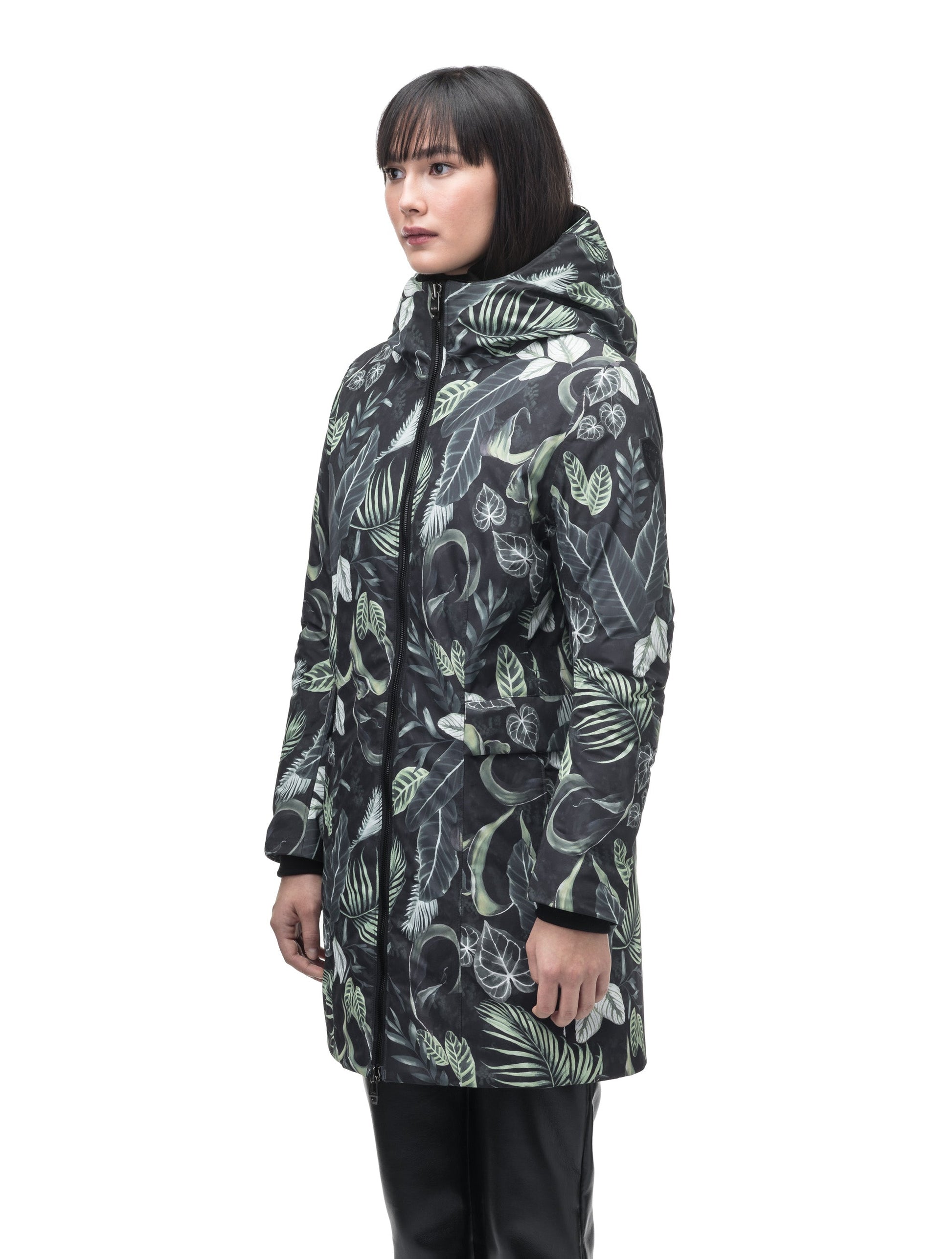 Romeda Furless Ladies Mid Thigh Parka in thigh length, Canadian duck down insulation, non-removable hood, and two-way front zipper, in Foliage