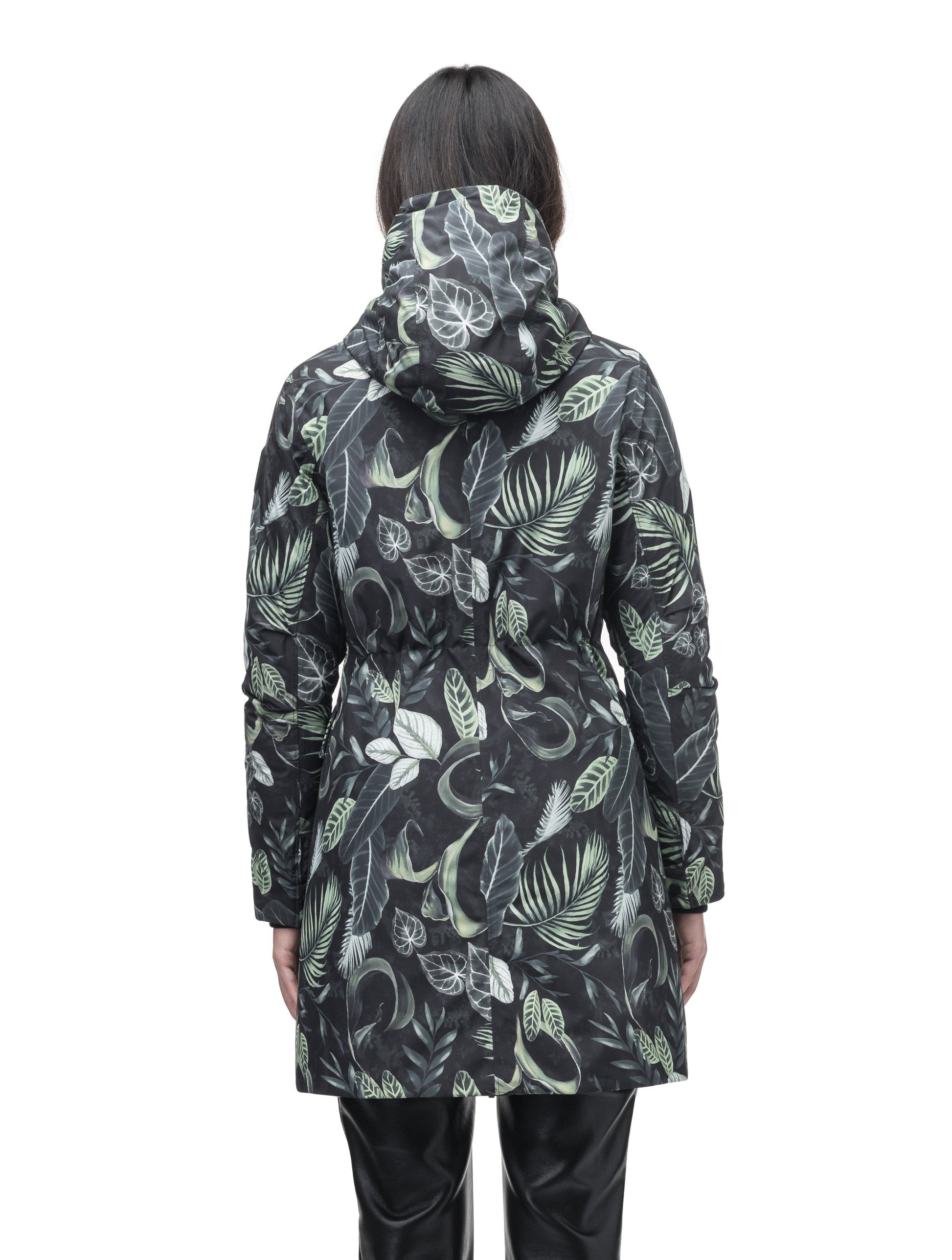 Romeda Furless Ladies Mid Thigh Parka in thigh length, Canadian duck down insulation, non-removable hood, and two-way front zipper, in Foliage