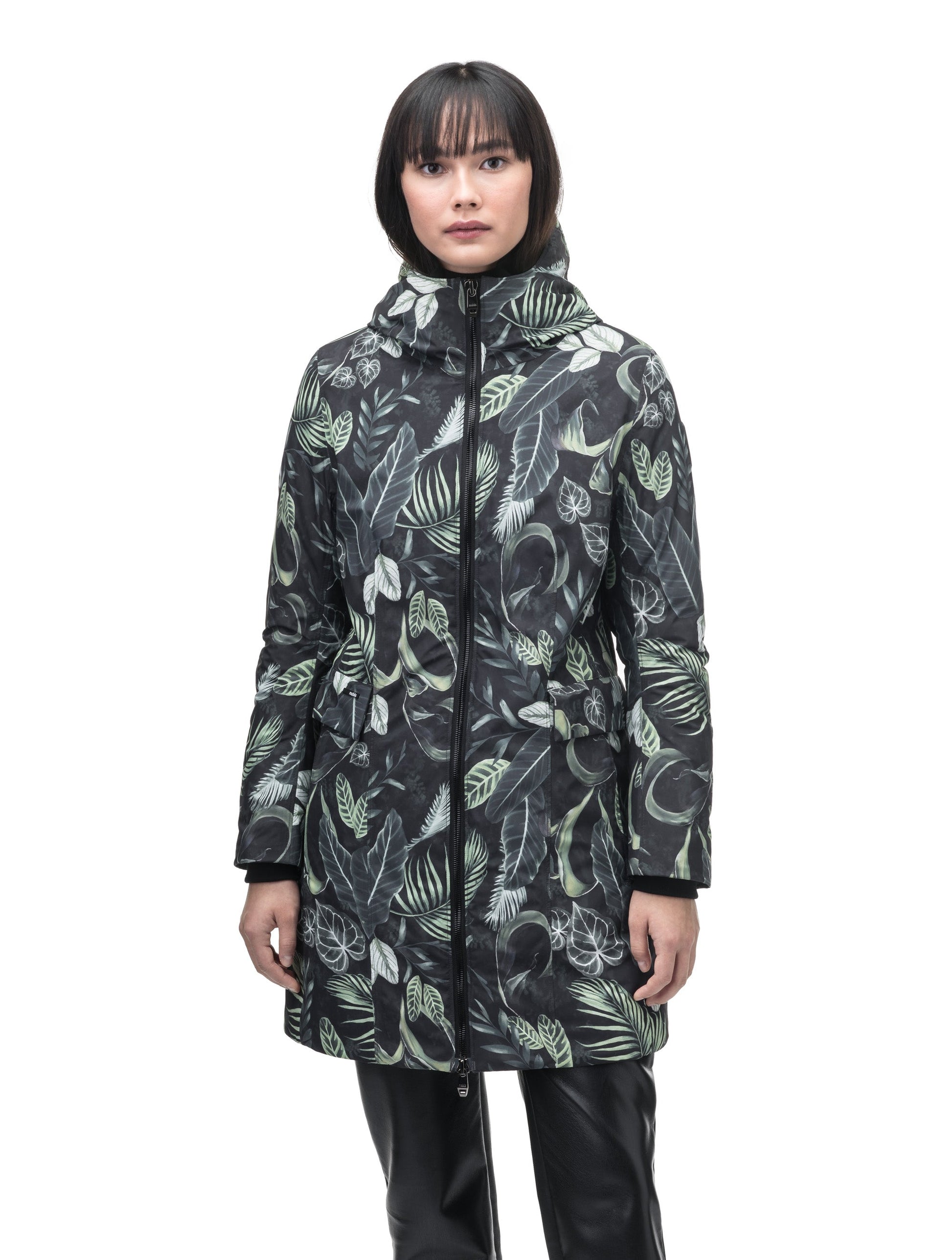 Romeda Furless Ladies Mid Thigh Parka in thigh length, Canadian duck down insulation, non-removable hood, and two-way front zipper, in Foliage