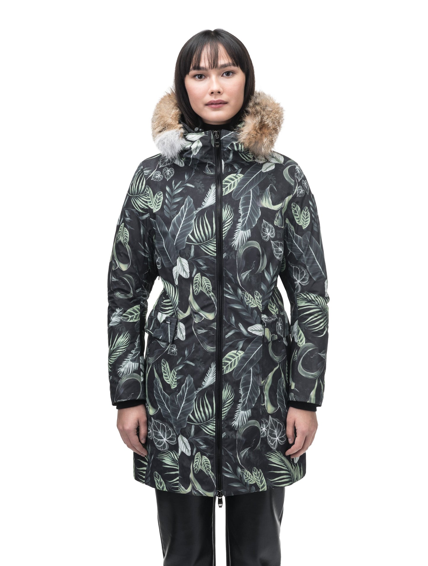 Romeda Ladies Mid Thigh Parka in thigh length, Canadian duck down insulation, non-removable hood with removable fur ruff trim, and two-way front zipper, in Foliage