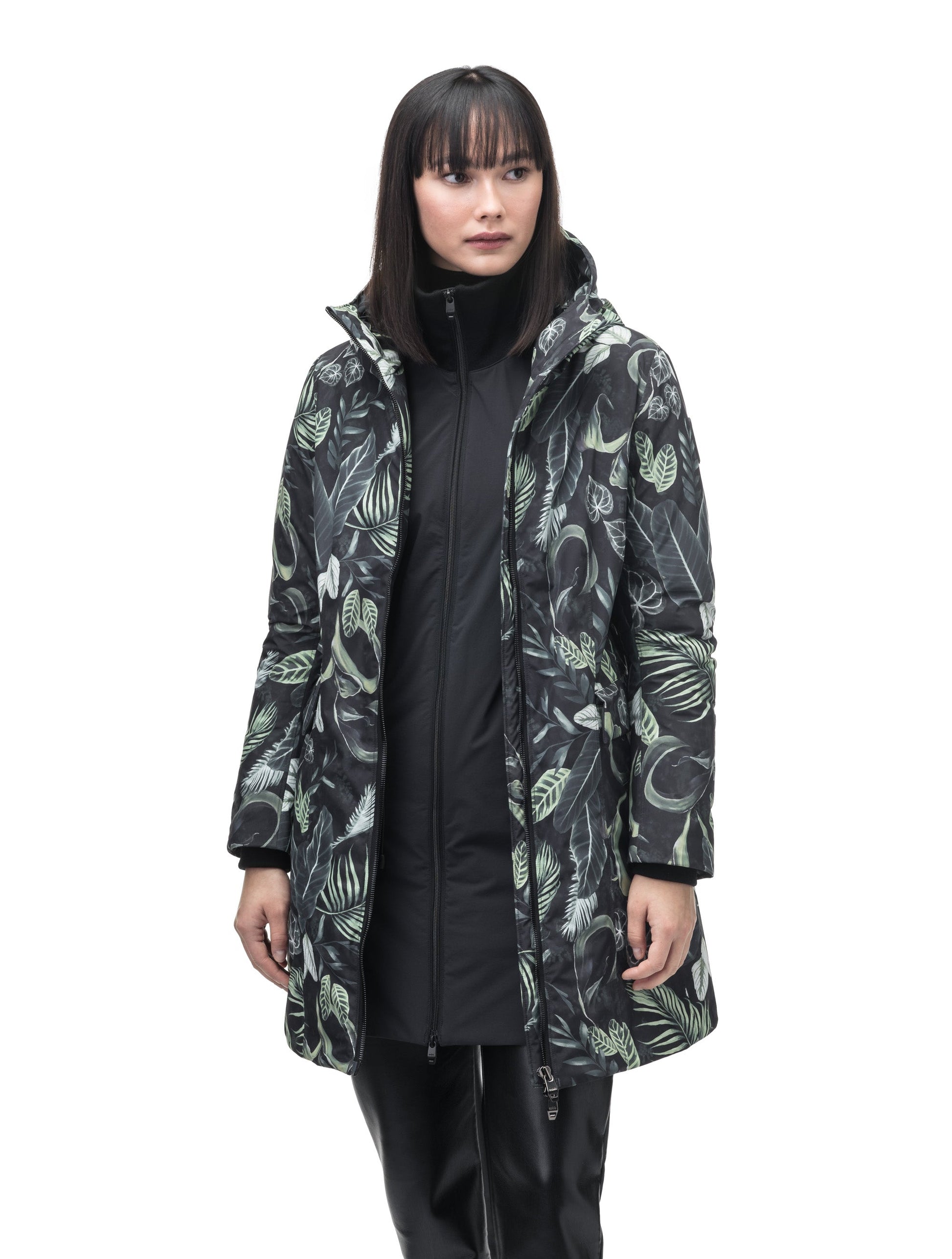 Romeda Ladies Mid Thigh Parka in thigh length, Canadian duck down insulation, non-removable hood with removable fur ruff trim, and two-way front zipper, in Foliage