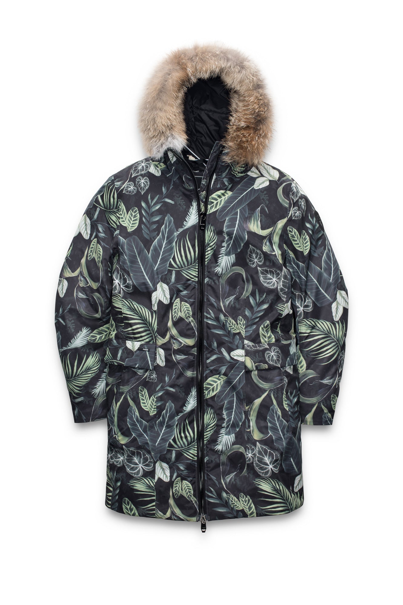 Romeda Ladies Mid Thigh Parka in thigh length, Canadian duck down insulation, non-removable hood with removable fur ruff trim, and two-way front zipper, in Foliage