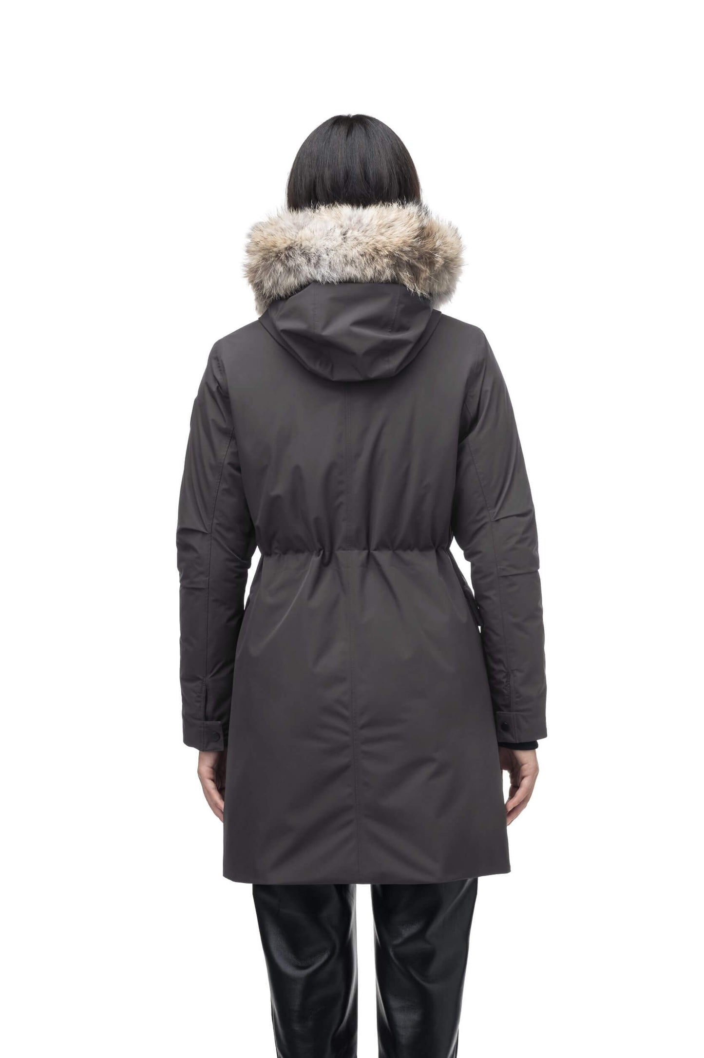 Romeda Ladies Mid Thigh Parka in thigh length, Canadian duck down insulation, non-removable hood with removable fur ruff trim, and two-way front zipper, in Steel Grey