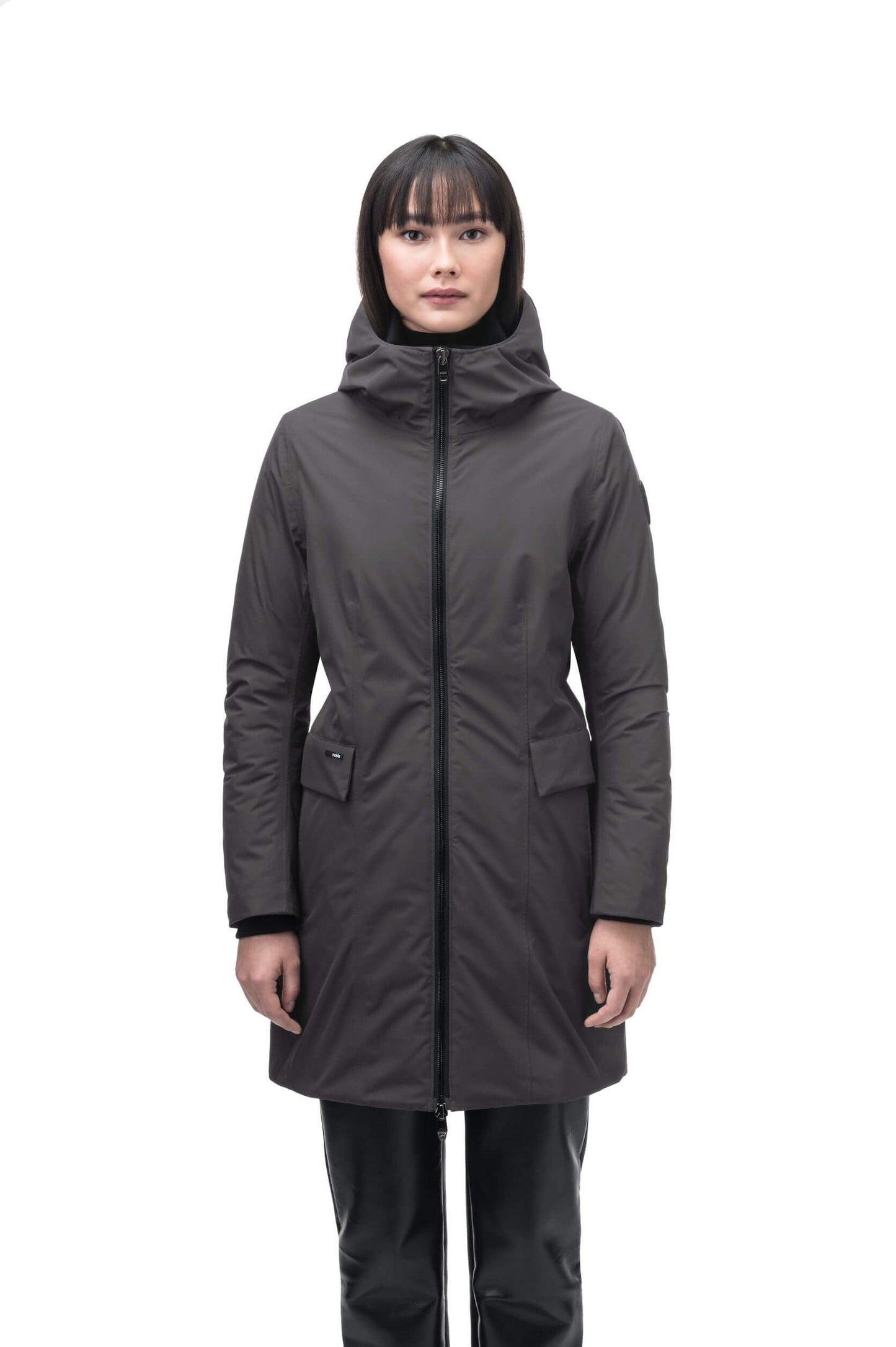 Romeda Ladies Mid Thigh Parka in thigh length, Canadian duck down insulation, non-removable hood with removable fur ruff trim, and two-way front zipper, in Steel Grey