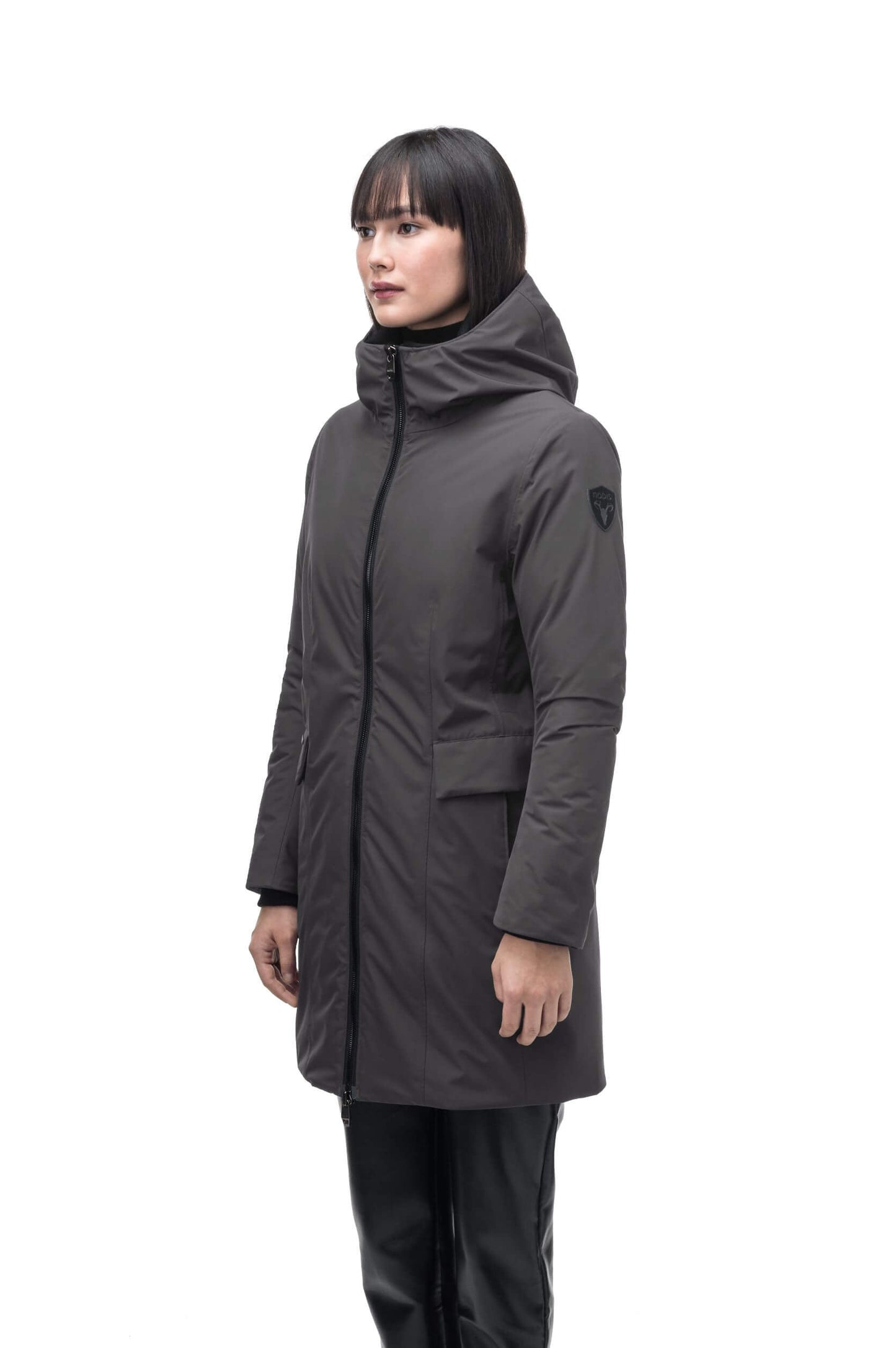 Romeda Ladies Mid Thigh Parka in thigh length, Canadian duck down insulation, non-removable hood with removable fur ruff trim, and two-way front zipper, in Steel Grey