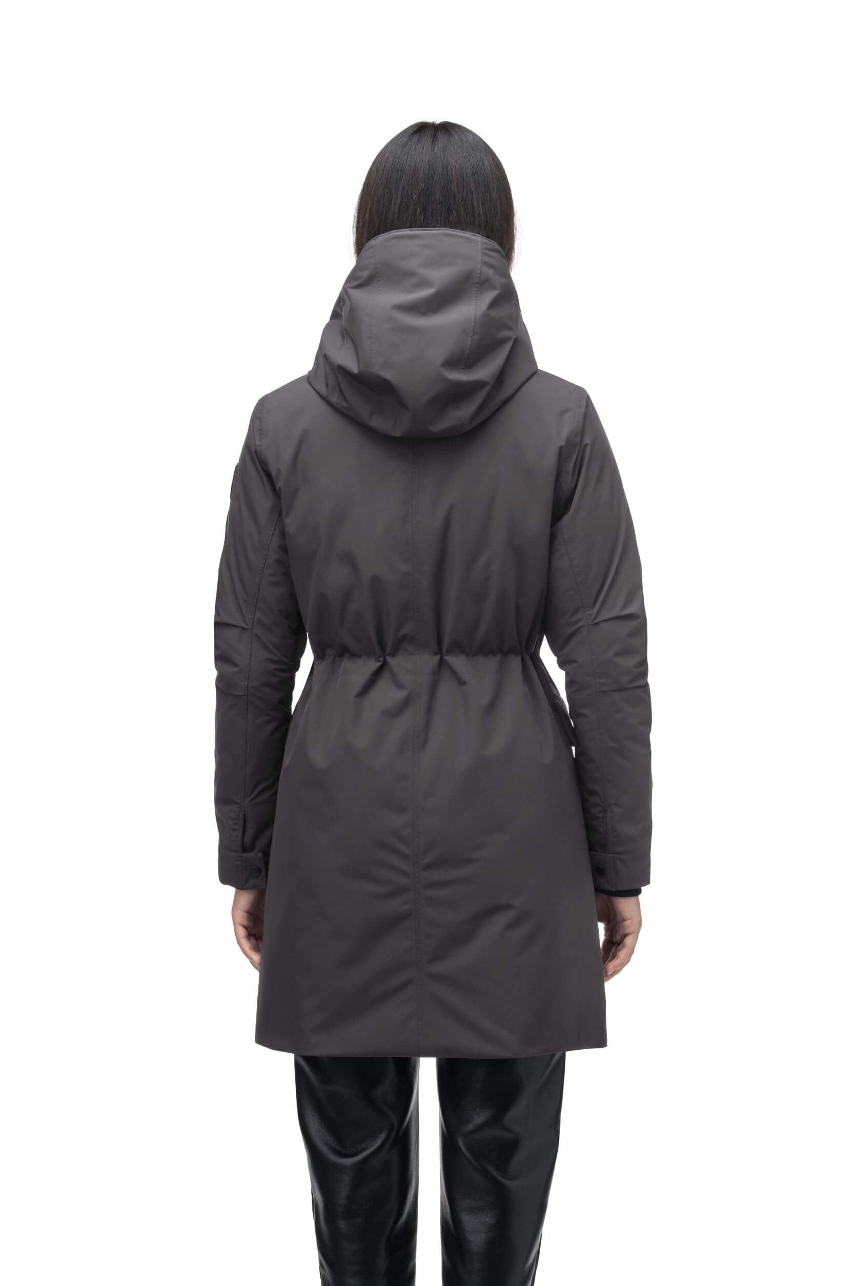 Romeda Ladies Mid Thigh Parka in thigh length, Canadian duck down insulation, non-removable hood with removable fur ruff trim, and two-way front zipper, in Steel Grey