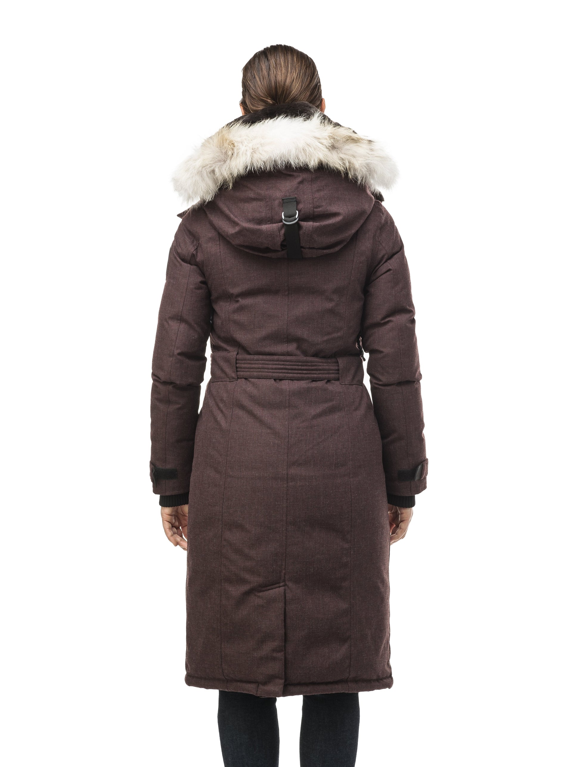 Women's knee length down filled parka with a belted waist and fully removable Coyote and Rex Rabbit fur ruffs in H. Burgundy