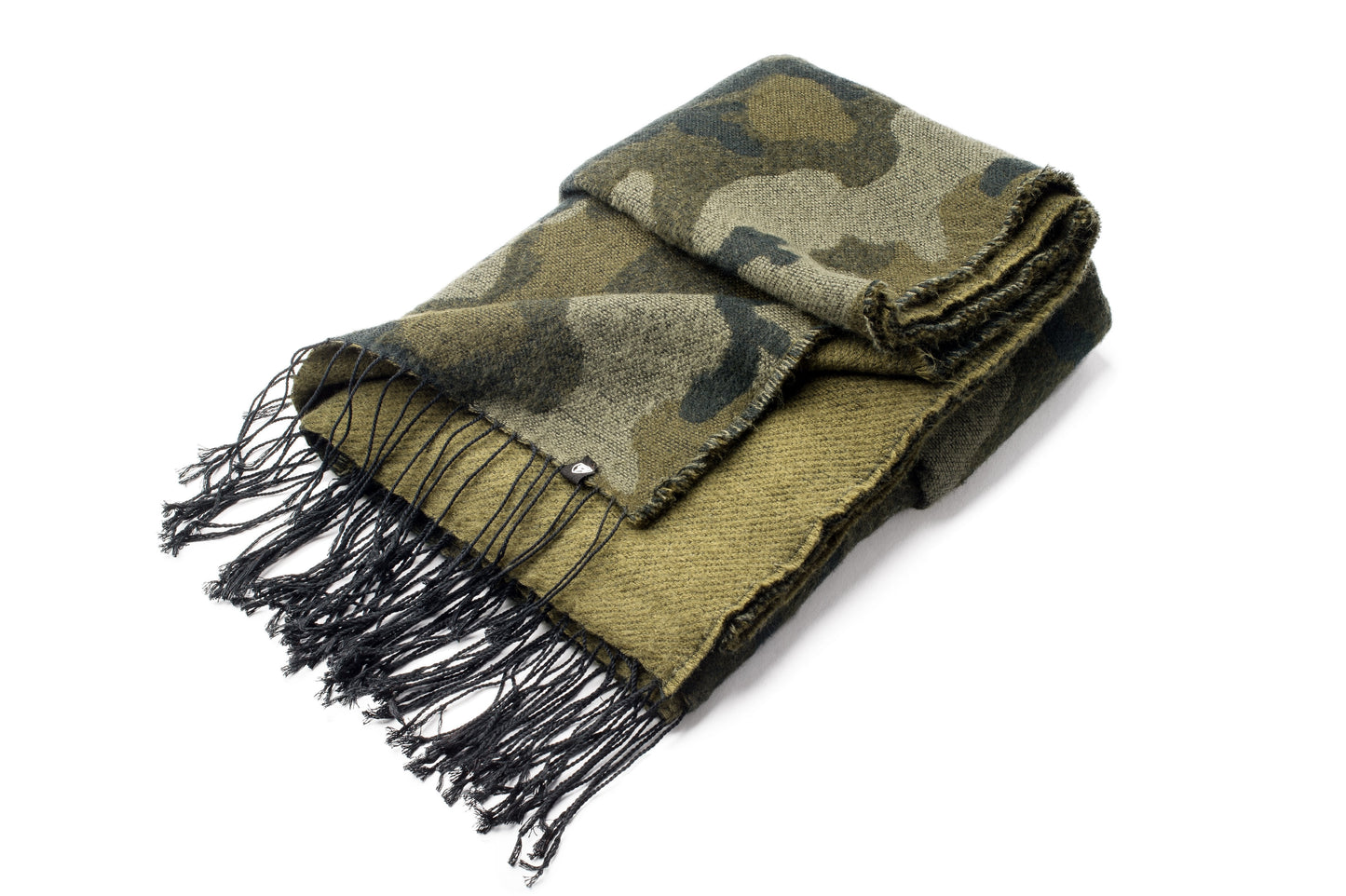 Oversized Camo print acrylic scarf with fringe trim 