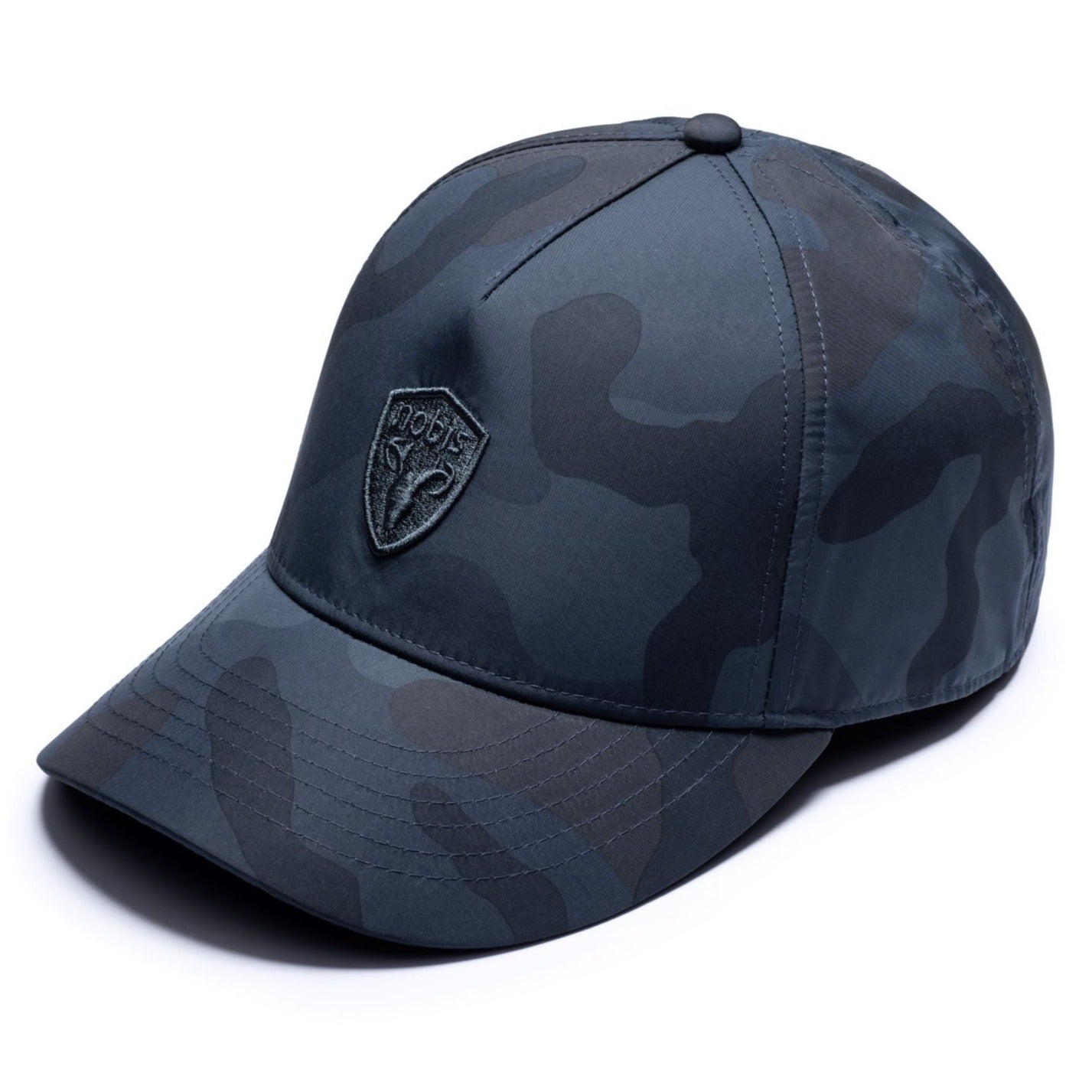 Satine Adjustable Cap in 5-panel construction, mid height crown, curved peak brim, and adjustable strap closure, in Navy Camo