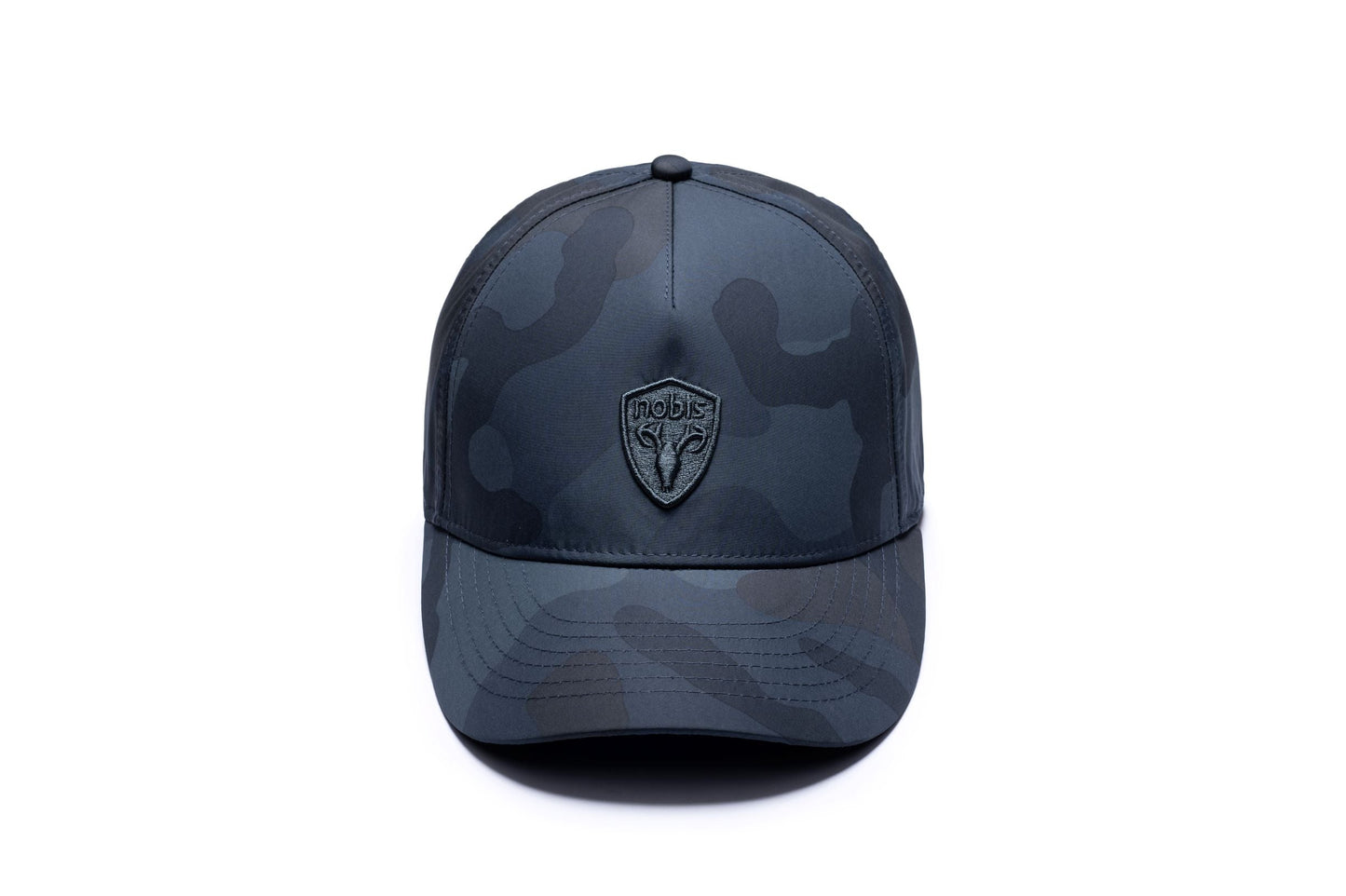 Satine Adjustable Cap in 5-panel construction, mid height crown, curved peak brim, and adjustable strap closure, in Navy Camo