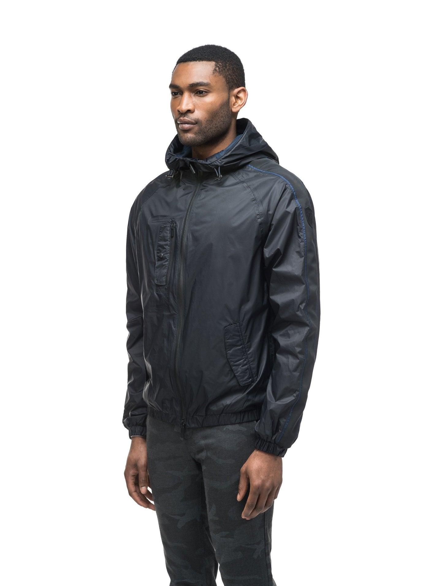 Men's waist length windbreaker with hood in Black