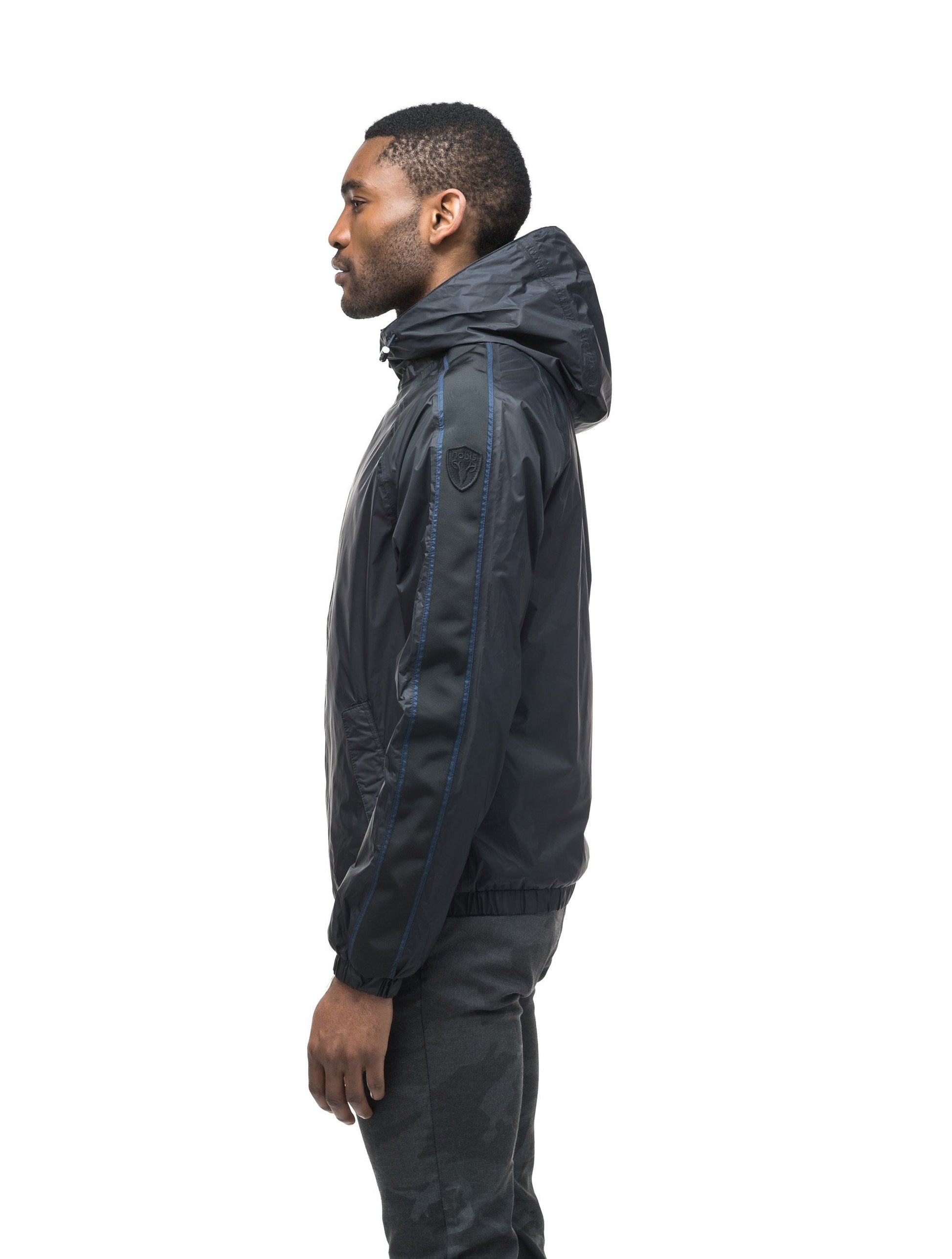 Men's waist length windbreaker with hood in Black