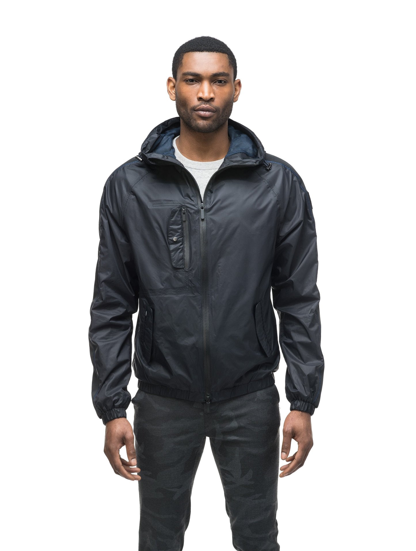 Men's waist length windbreaker with hood in Black