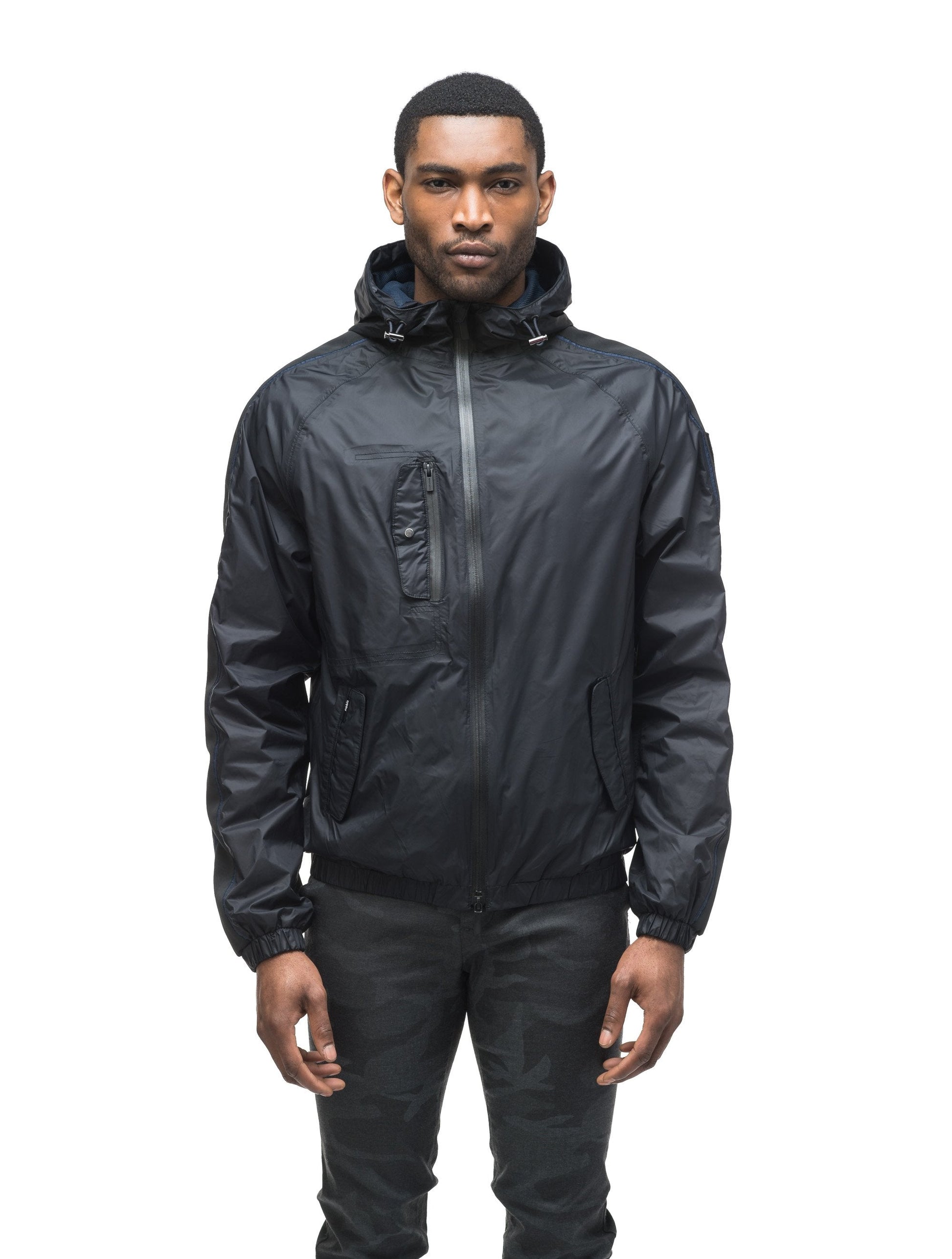 Men's waist length windbreaker with hood in Black