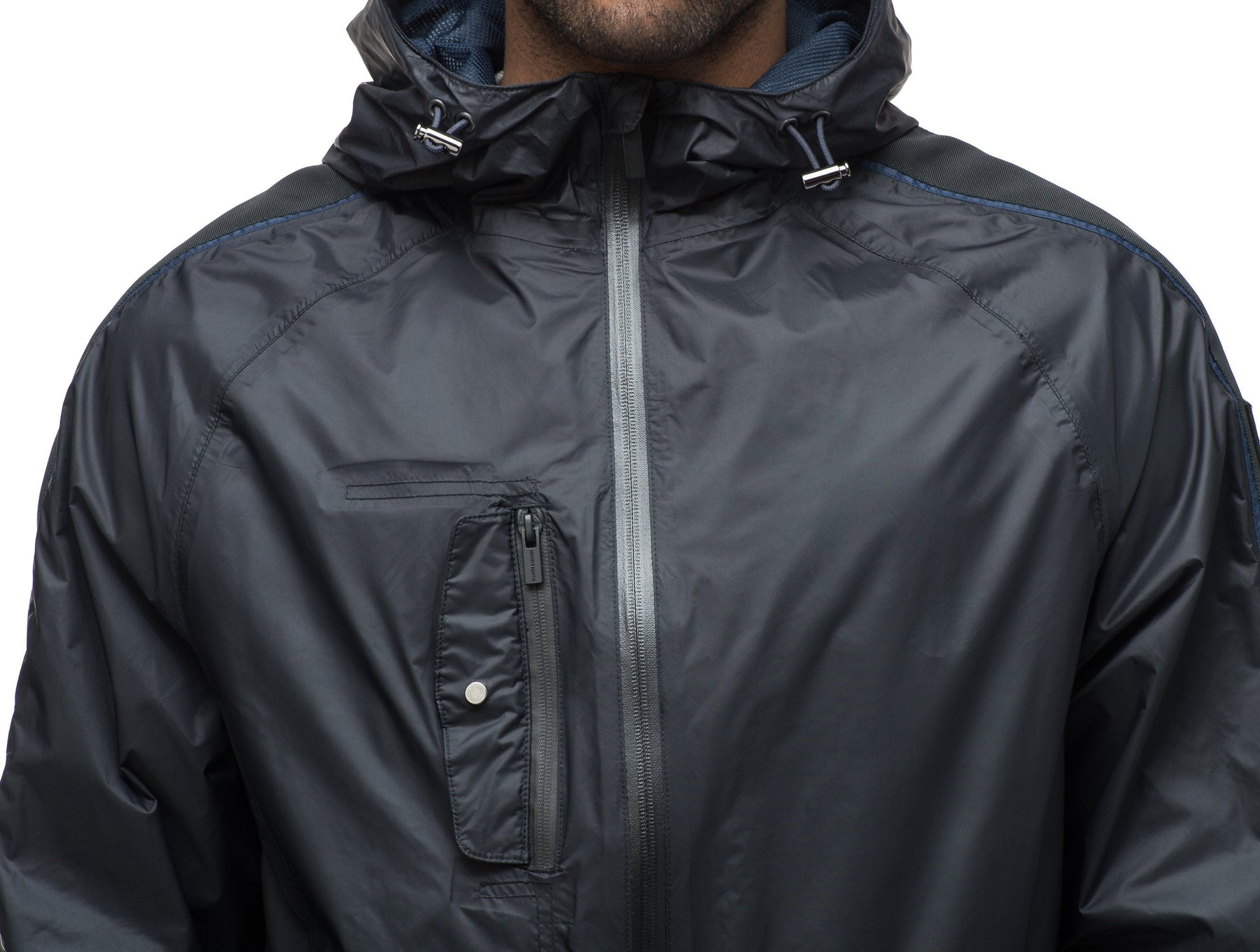 Men's waist length windbreaker with hood in Black