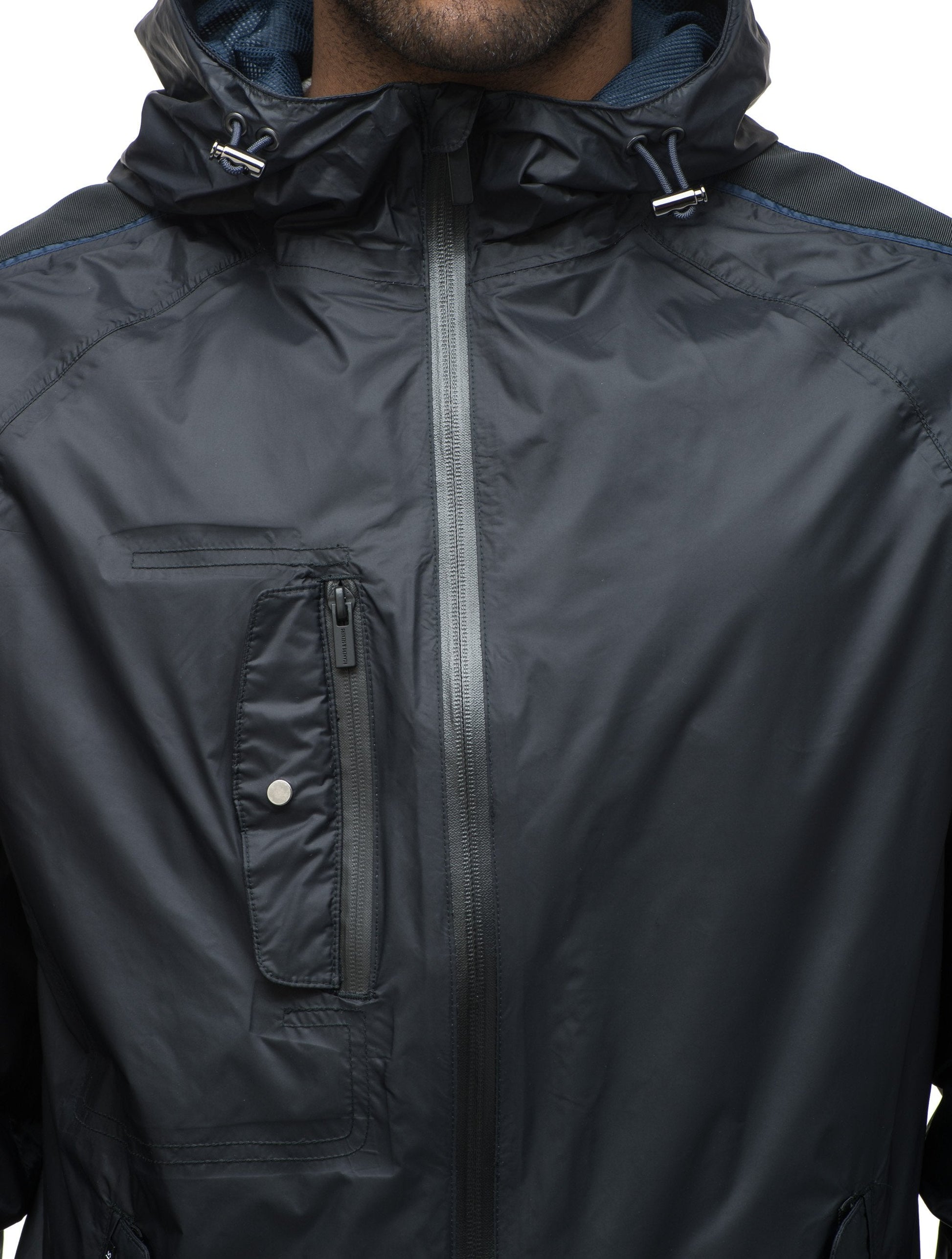 Men's waist length windbreaker with hood in Black