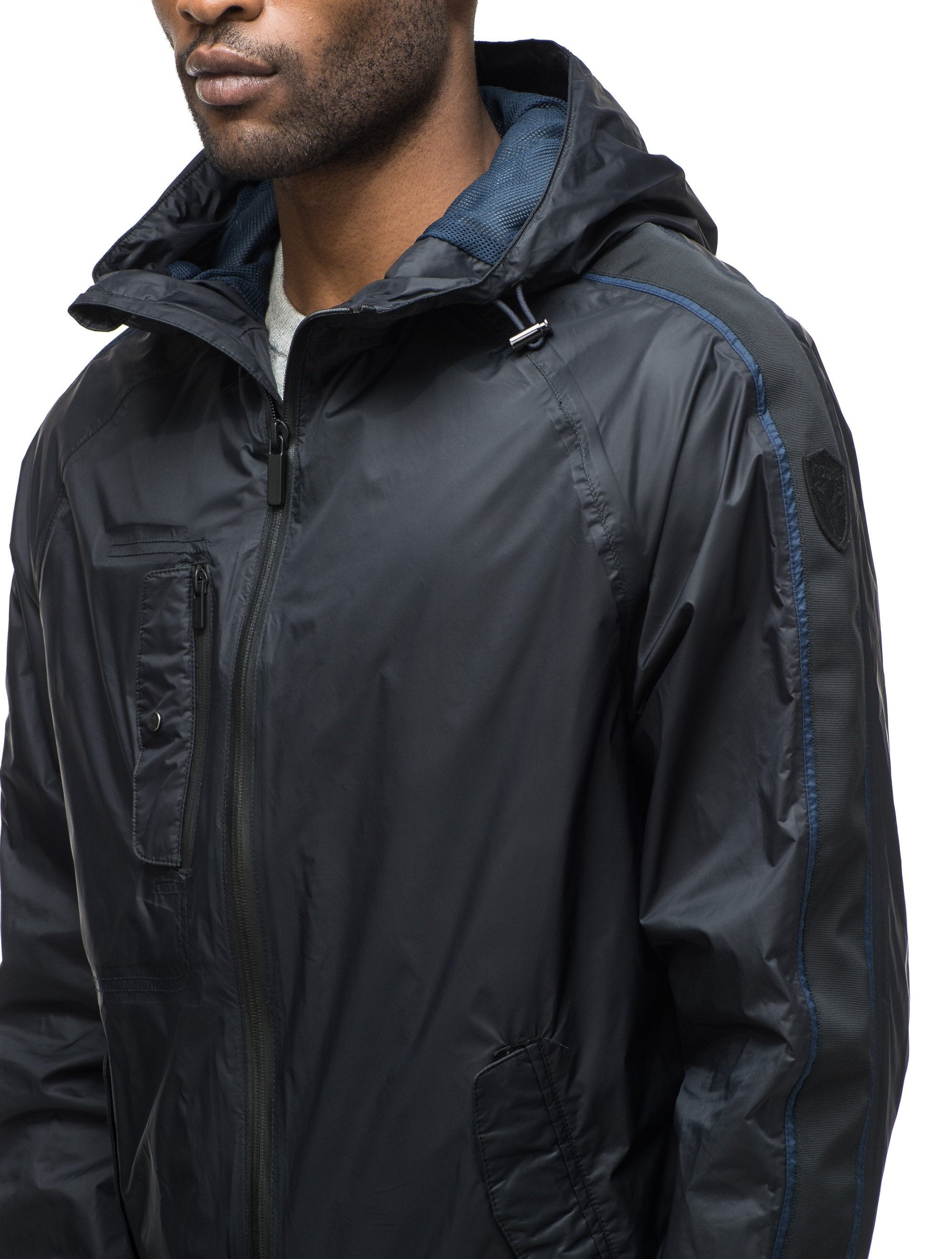 Men's waist length windbreaker with hood in Black