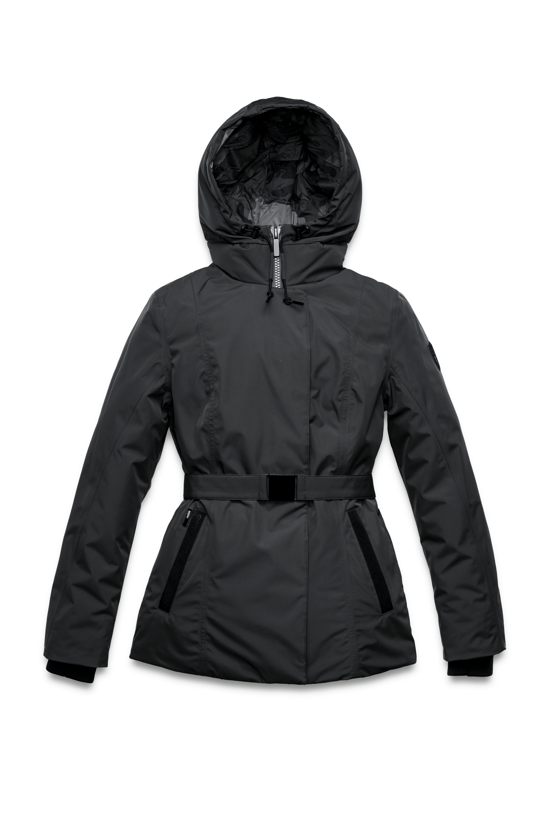 Ladies hip length down-filled parka with non-removable hood and adjustable belt in Black