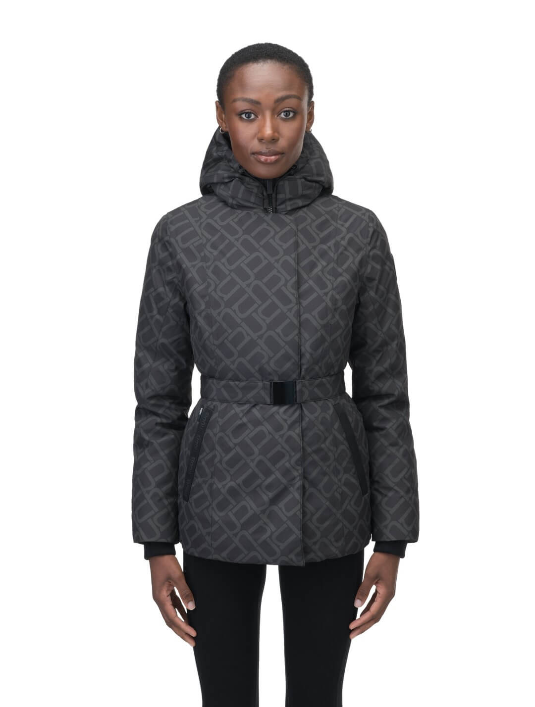 Ladies hip length down-filled parka with non-removable hood and adjustable belt in Dark Monogram