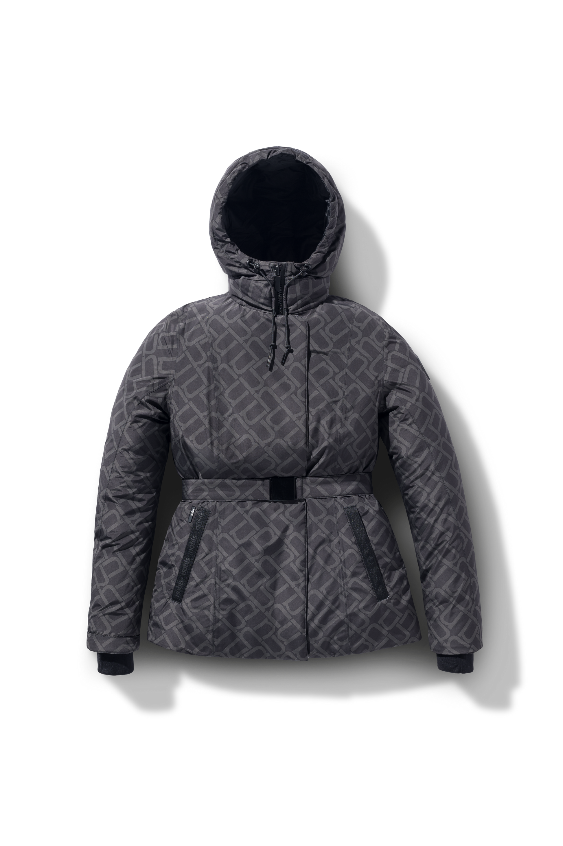 Ladies hip length down-filled parka with non-removable hood and adjustable belt in Dark Monogram