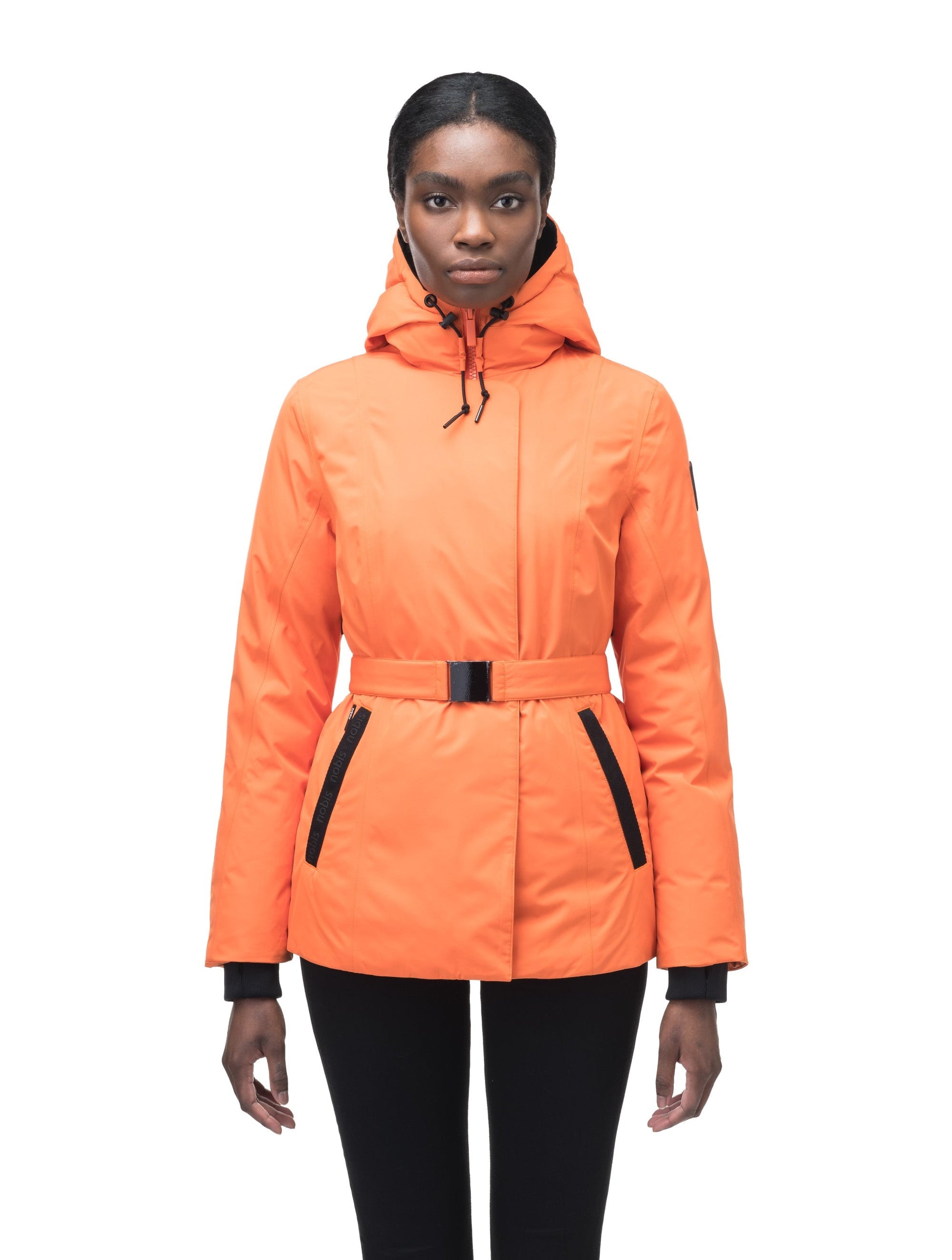 Ladies hip length down-filled parka with non-removable hood and adjustable belt in Atomic