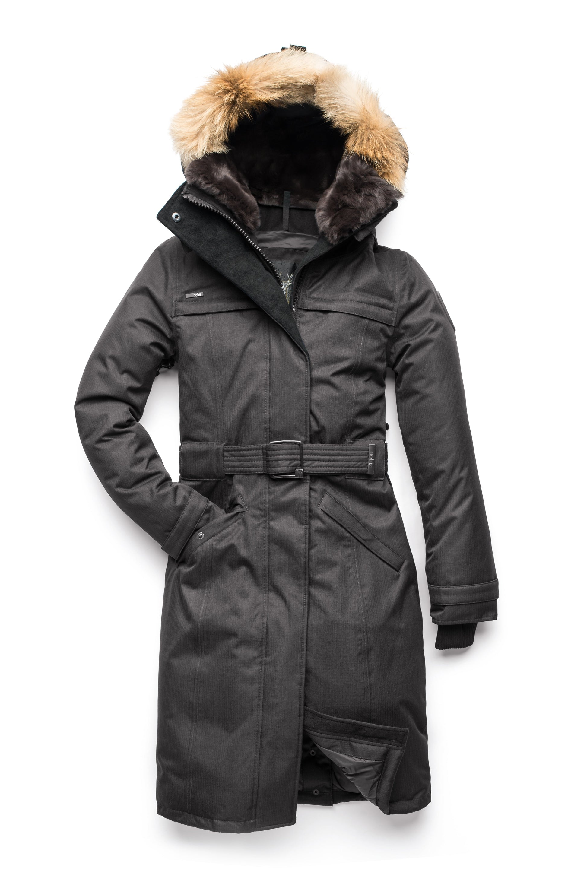 Women's knee length down filled parka with a belted waist and fully removable Coyote and Rex Rabbit fur ruffs in CH Steel Grey