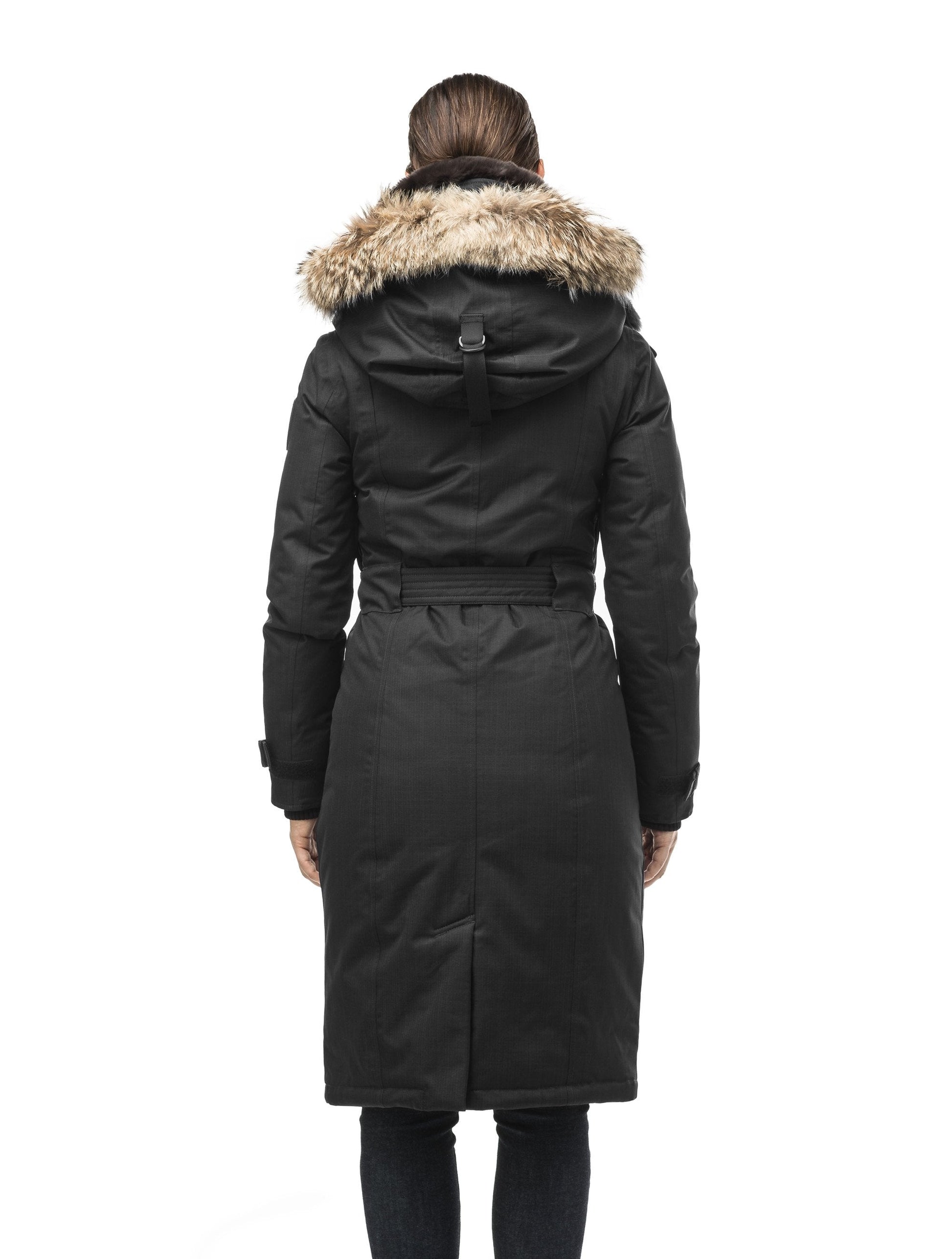 Women's knee length down filled parka with a belted waist and fully removable Coyote and Rex Rabbit fur ruffs in CH Black