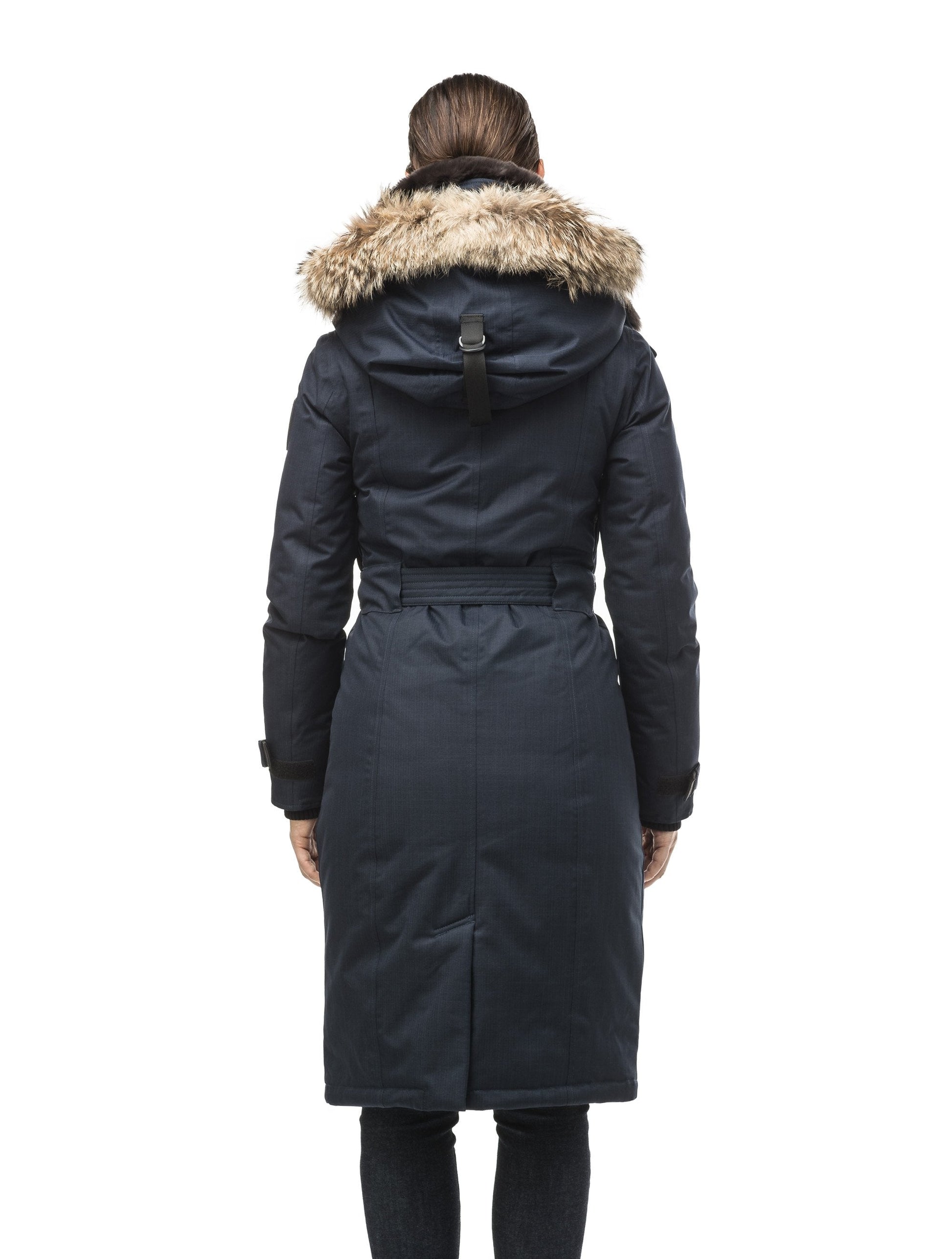 Women's knee length down filled parka with a belted waist and fully removable Coyote and Rex Rabbit fur ruffs in CH Navy